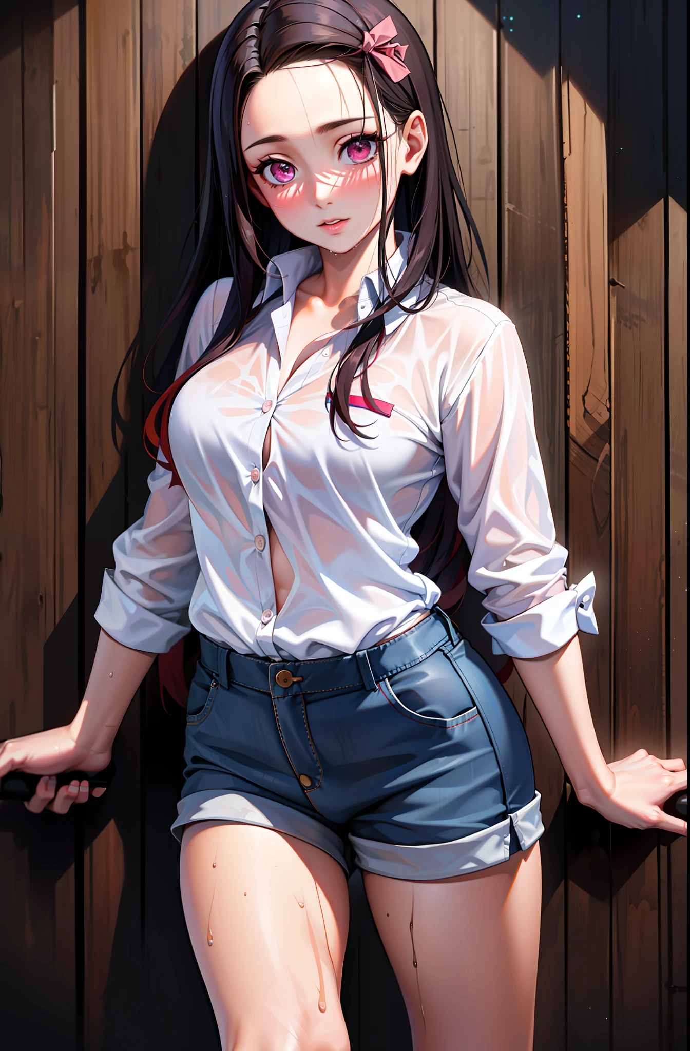 masterpiece, realistic eyes, best quality, bamboo, shut up, beautiful lights, movie, 8k, 1 girl, facial, wet face, eyeliner, wooden wall, medium breasts, white shirt, shorts, kamato nezuko, pink eyes, no clothes