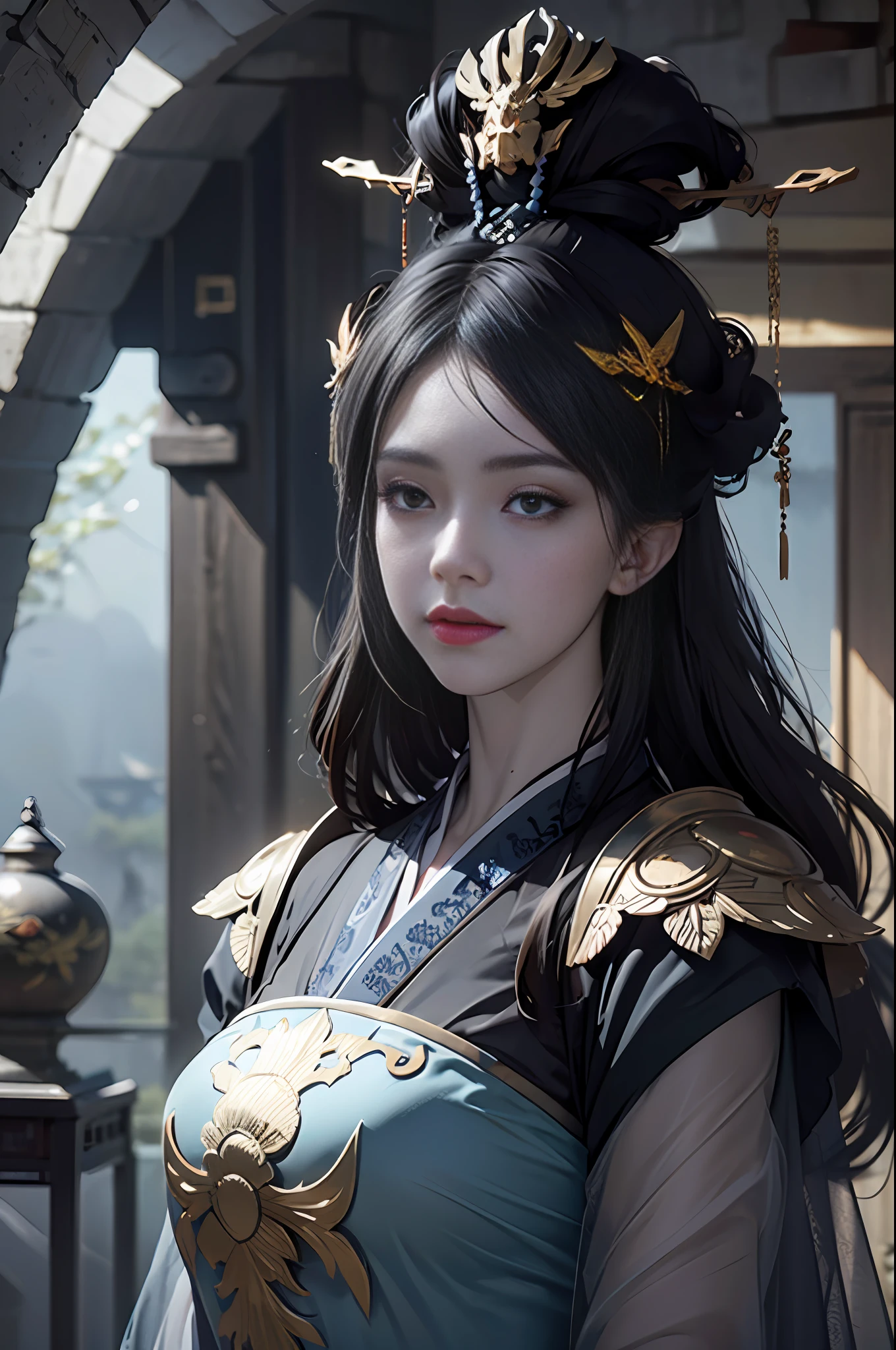 Official Art, Unity 8k Wallpaper, Ultra Detailed, Beautiful, Beautiful, Masterpiece, Best Quality, Darkness, Mystic, Romanticism, Scary, Literature, Art, Fashion, Tang Dynasty Era, Decoration, Intricate, Ironwork, Embroidery, Contemplation, Emotional Depth, Supernatural, Black Hanfu, Black Tulle, 1 Girl, Mask, Hua Dian, High Priest, Solo, Black Cat, Cat, Sad, Bloodstain, Fateful, Bust Composition, Dramatic Composition, Cinematic Lighting, Dynamic Perspective, Sexy, Full of Seduction, Ancient Chinese architectural background, temples, altars, black fog,
