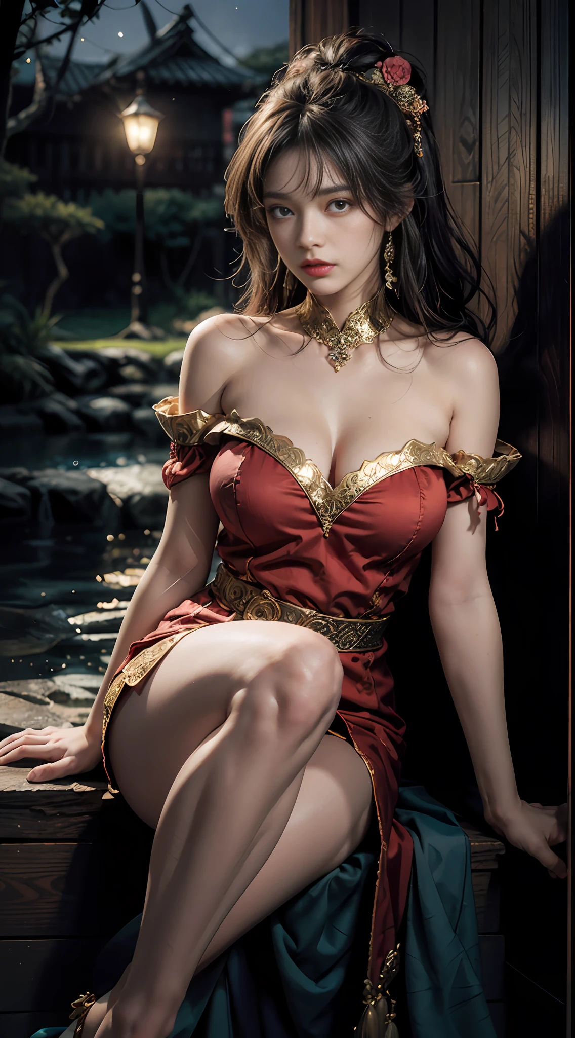 The art depicts a charming woman dressed in a flowing, silky traditional oriental dress, pink, decorated with intricate patterns and bright colors. Her dress drapes elegantly over her curvy figure, accentuating her seductive silhouette. She stood gracefully in the quiet moonlit night, bathed in the soft glow of the moonlight. The scene exudes an ethereal and dreamy atmosphere, with a touch of mystery and sexiness. The graphic style blends watercolor and digital illustration techniques to evoke a refined beauty and charm. The lights are filled with soft moonlight, casting soft highlights and shadows on her charming features. Bare thighs, big breasts, three-dimensional facial features, sitting, upturned legs, clear eyes