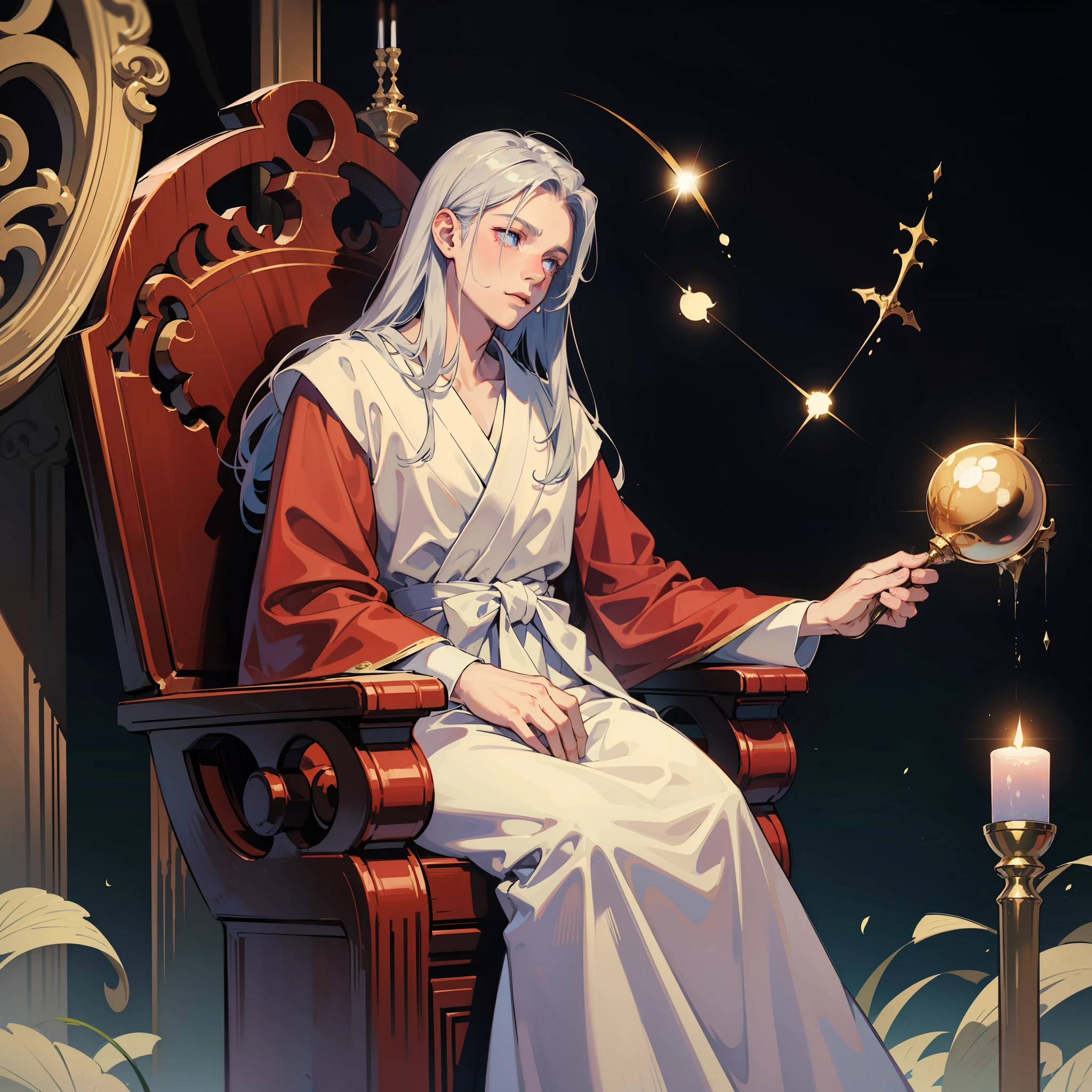 1 boy, long silver hair, pick-dyed, dressed in a gorgeous robe, leaning sideways on the throne, looking up, best quality, surprising color