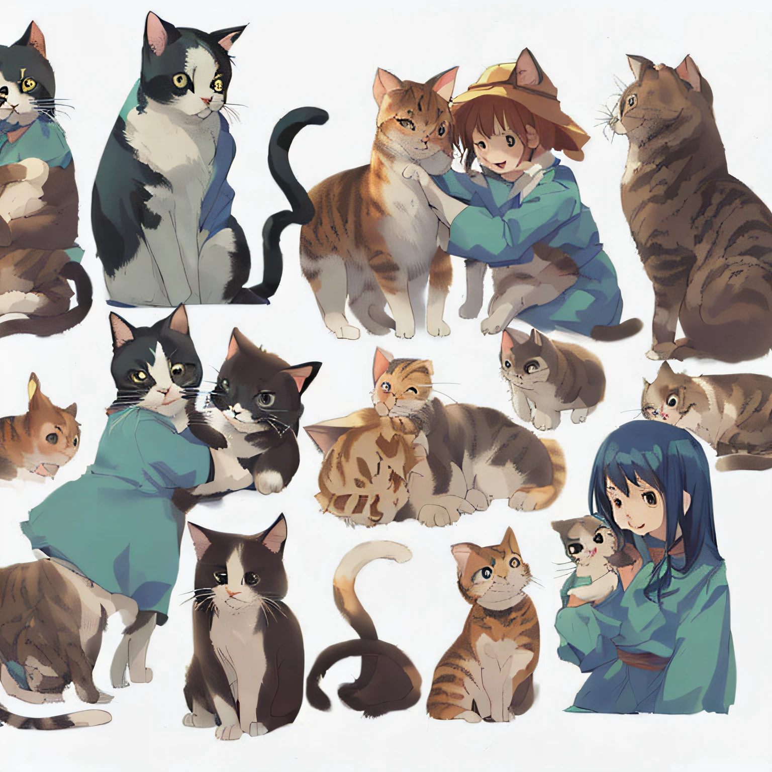 White background, character sheet, Ghibli style, many angles, cute illustrations, cat and girl, lots of women holding cats, love, masterpiece, high quality