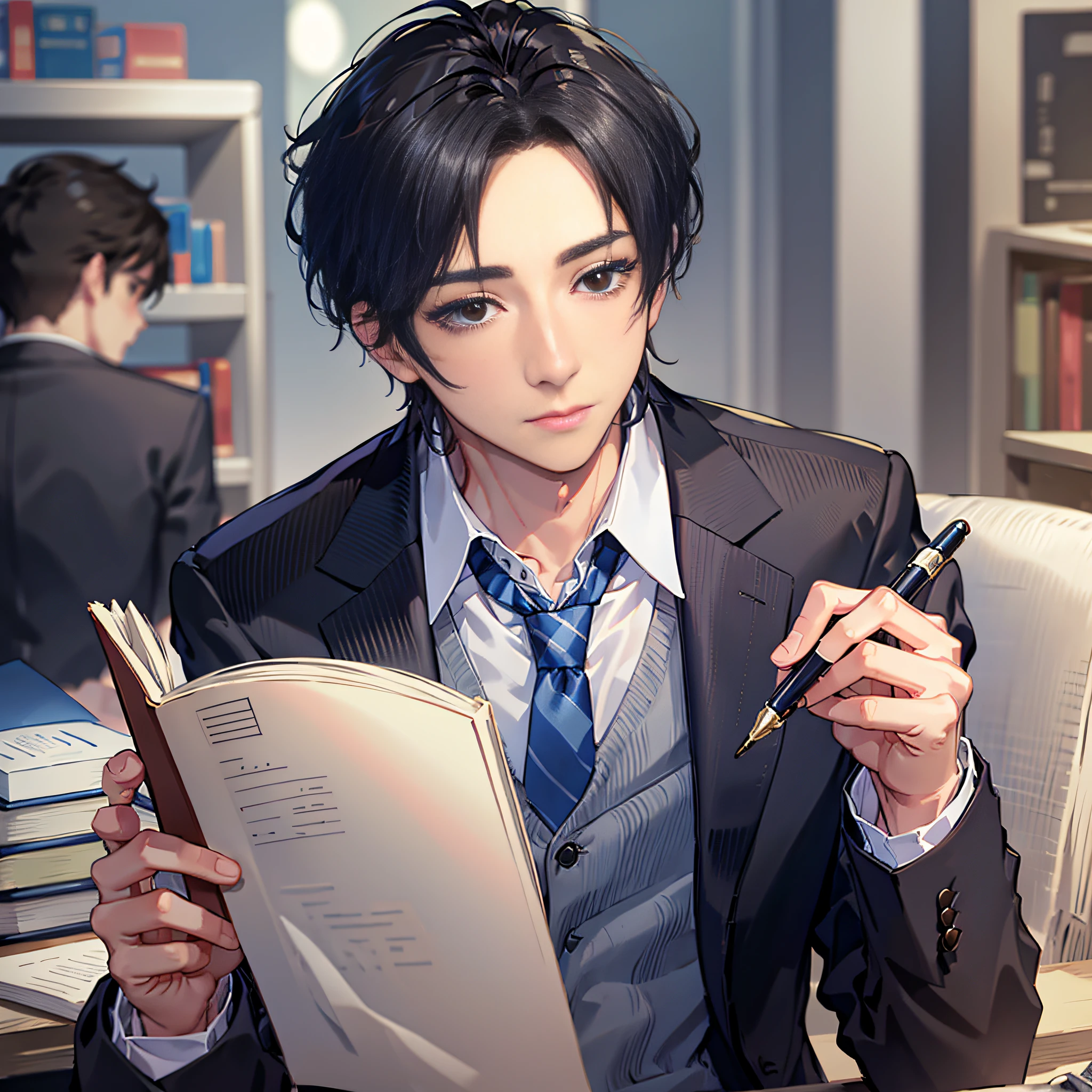 A man in a suit is sitting at his desk with a book and a pen in his hand, looking ahead, front face, in the background are two other men, 2 boys, 3 boys, mature, black hair, black coat, black suit, blue tie, blue neckline, book, formal, holding, holding book, jacket, multiple boys, tie, open book, shirt, stripe, striped tie, depth of field.