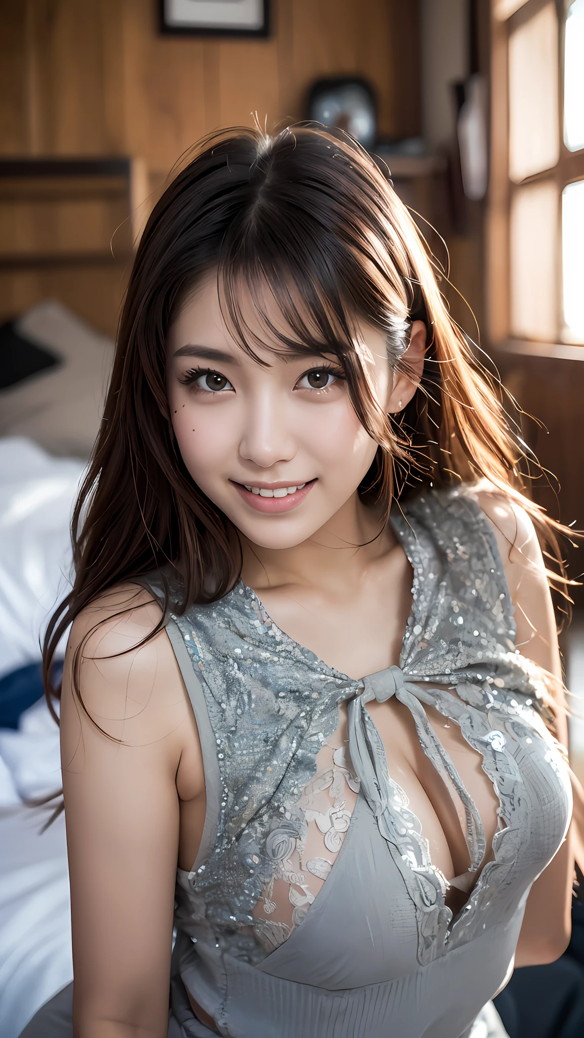 (18 years old: 1.2), (Dishonest laughter: 1.2), (Look away: 1.3), 8k, RAW portraits of Japan girls, photorealistic, ultra high resolution, highest quality, break (uniform: 1.2), (from bottom: 1.2), sit on a chair, cross arms, (panchira: 1.2), (messy room: 1.4) break (natural skin texture, detailed skin, hyperrealism, Super Sharpness), intricate details, depth of field, dim lighting, Korean idol, Nogizaka idol, gravure idol, actress, fashion model pose