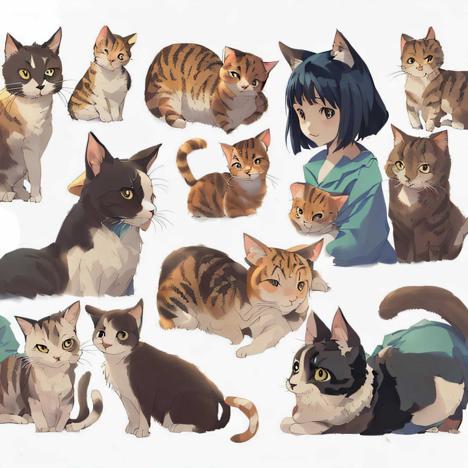 White background, character sheet, Ghibli style, many angles, cute illustrations, cat and girl, lots of women holding cats, love, masterpiece, high quality