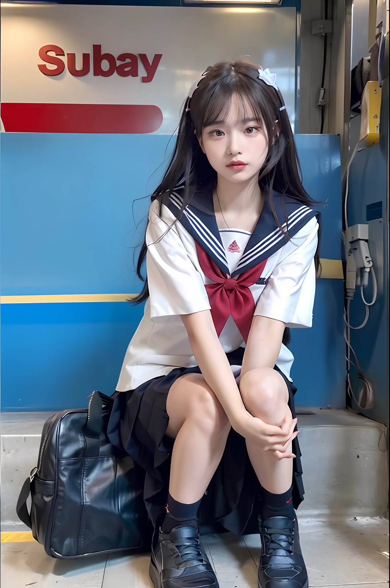 (8k, best quality, masterpiece: 1.2), (realistic, realistic, photorealistic: 1.37), 2 girls, hyper detail, beautiful detail eyes, beautiful detail nose, (((2girl))), sailor suit, pleated short skirt, full body photo, subway station, red Nike shoes, sitting upright, hands between legs, twins