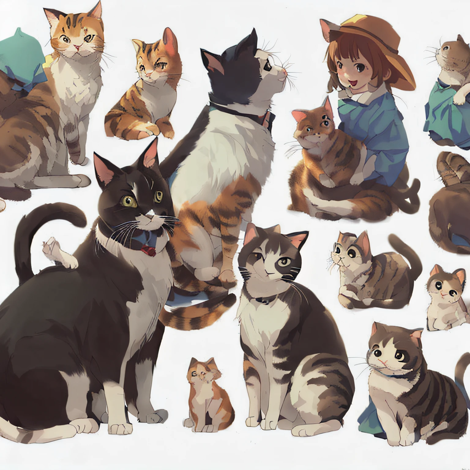 White background, character sheet, Ghibli style, many angles, cute illustrations, cat and girl, lots of women holding cats, love, masterpiece, high quality