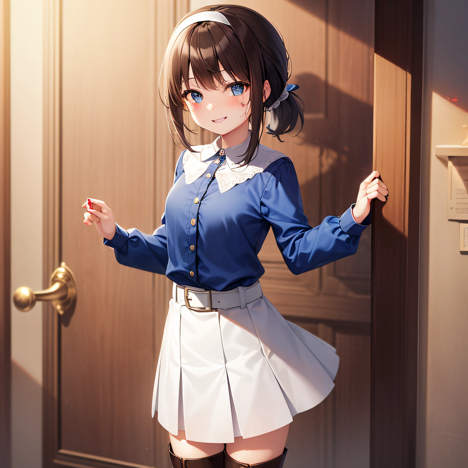 Top quality, very delicate and beautiful, girl, 11 years old, (dark brown hair), blue clothes with vertical buttons, belt at the waist, white skirt, (ponytail)), (white hair band), (brown boots), blue eyes, standing, smile, (blood wet)