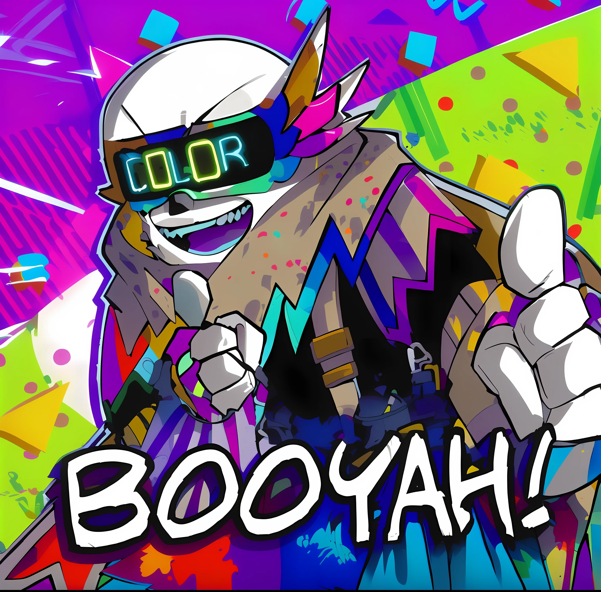 cartoon image of a man in a suit and goggles with a boomboard, official artwork, oh yeah, art in the style of joshy sly, with splatoon style, hyper colorful, vibrant fan art, booru, varguyart style, digital art. colorful comic, official artwork hdr, official art, high detailed official artwork, eboy, vivid colorful comic style
