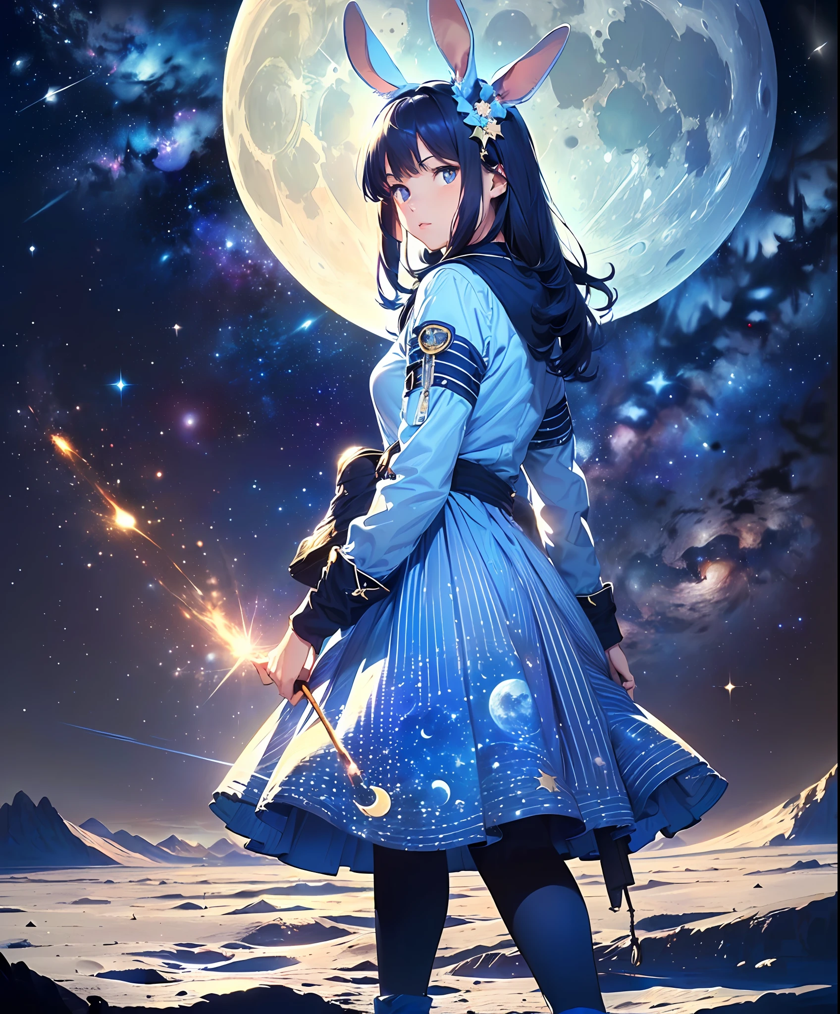 Highest quality, realistic, highest resolution, (Moon)), (Moon))), ((Rabbit-eared beautiful girl wielding a whip walking on the desolate moon surface)), ((Blue ((Only the big Earth)), Night sky, Galactic stars, ((((Milky Way)), Earth, ((Blue Earth)), (Earth as seen from the moon)))), meteor shower