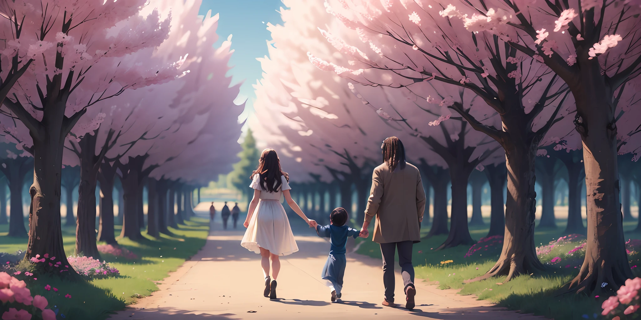 Baby girl walking from the back, holding hands of her parents