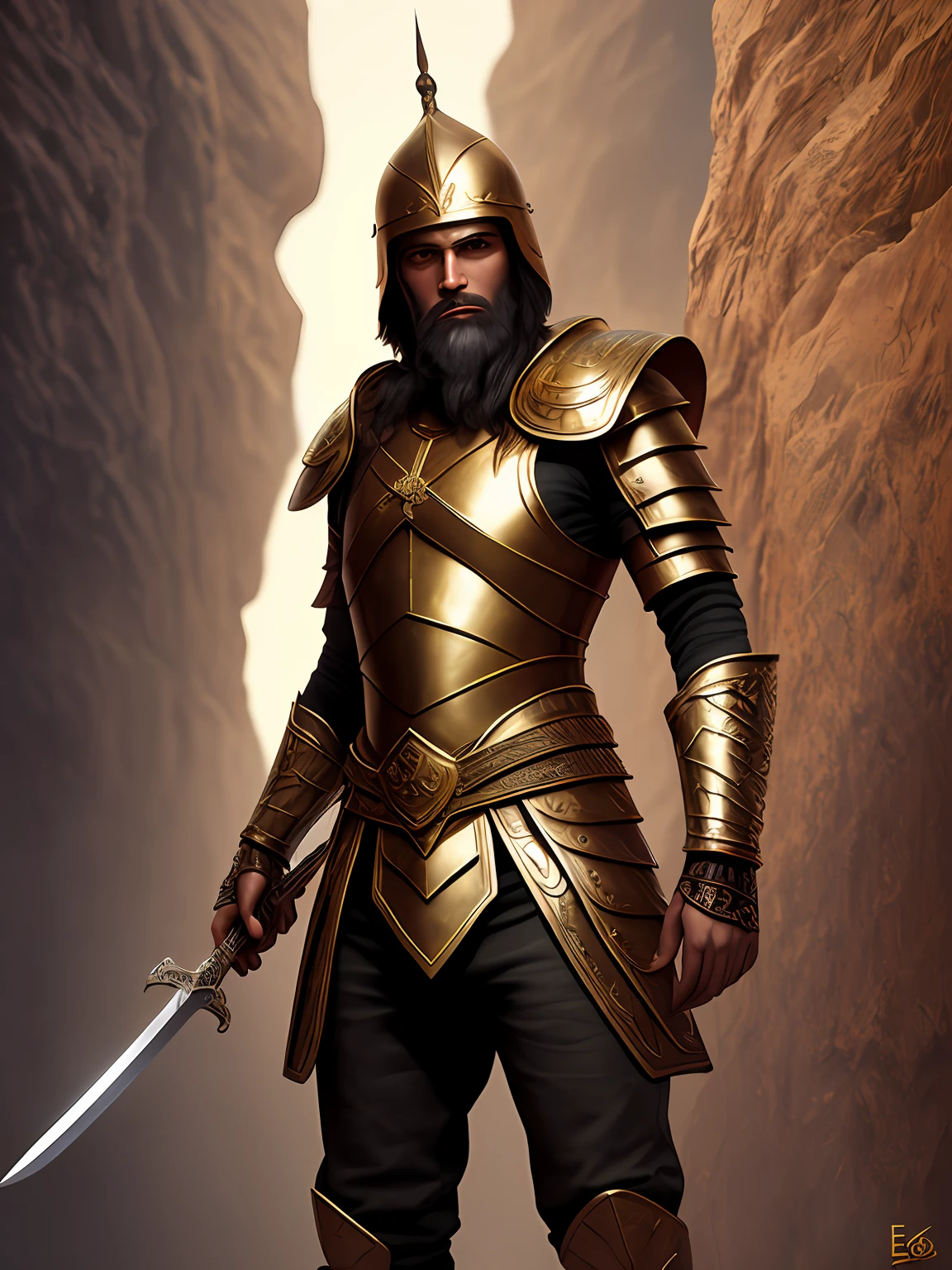Hebrew warrior of the Old Testament wearing traditional armor described in the Old Testament, wielding a sword, brown hair, brown beard, in the desert, VHS effect, (skin texture), intricate detail, fine detail, super detail, ray tracing, subsurface scattering, diffuse soft light, shallow depth of field, (Oliver Wetter) Professional majestic oil painting by Ed Blinkey bokeh