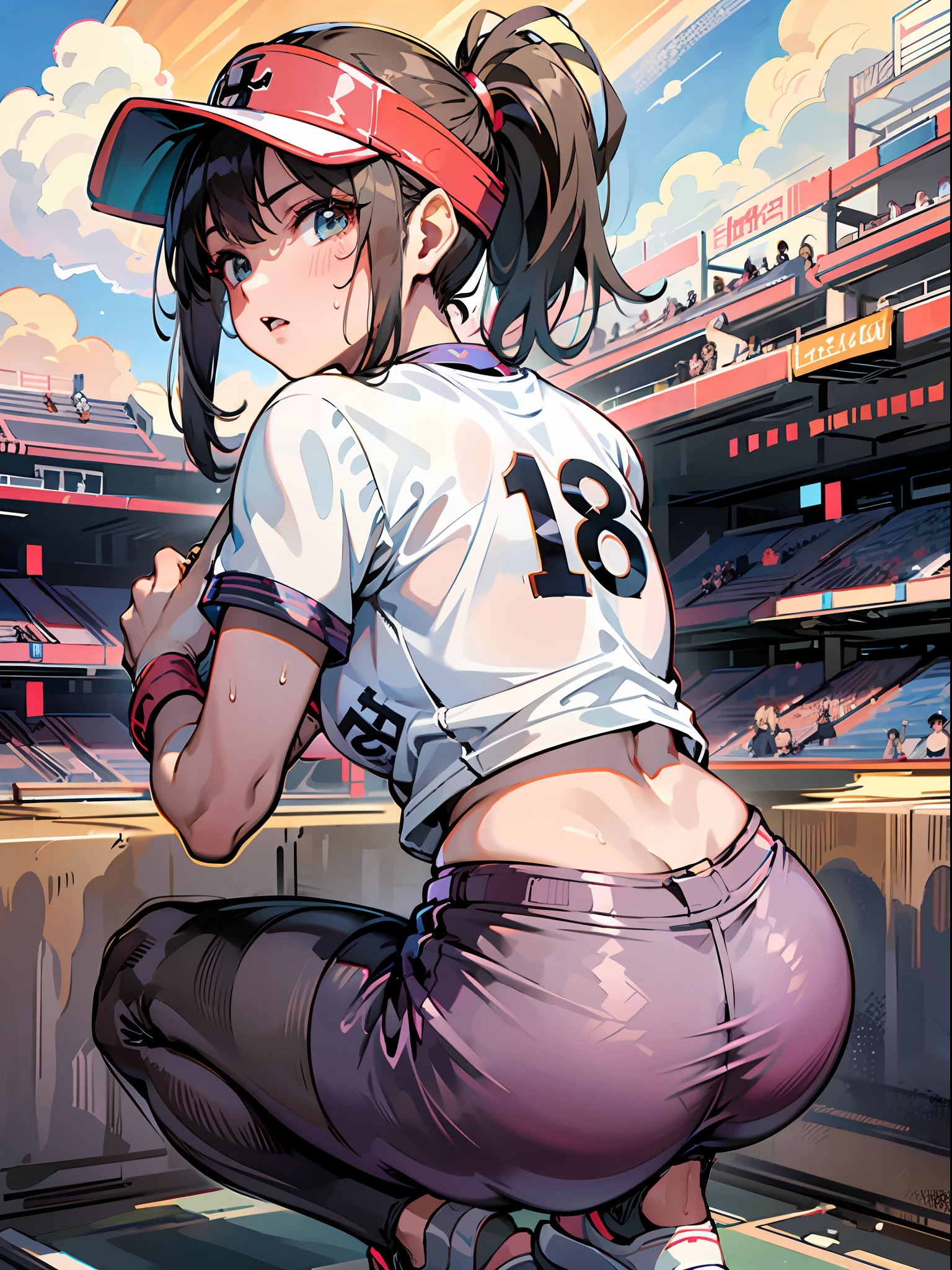 masterpiece, super high quality, super detail, perfect drawing, solo, girl, softball club, baseball shirt, ((hot pants)), (elbow support), baseball shoes, sun visor, back figure, muscular ass, (squatting in the next batter's circle), (holding a bat)), butt thrusting pose, bulging bust top, blush, sweat, tanned skin:(1.5), serious gaze, 18 years old, stadium, summer sky, cumulonimbus clouds, shot from diagonally behind, bust up, see-through, panty line,