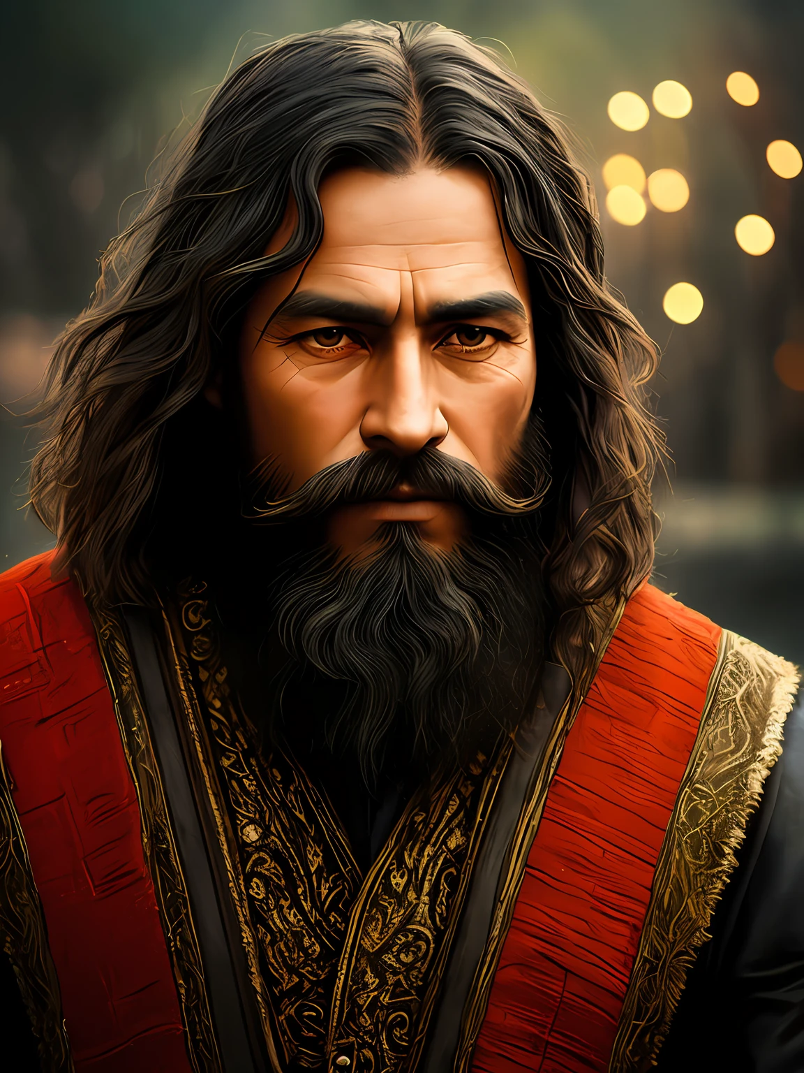 Hebrew Old Testament warrior dressed in traditional clothes described in the Old Testament, black hair, black beard, desert, VHS effect, (skin texture), intricate detail, fine detail, super detail, ray tracing, subsurface scattering, diffuse soft light, shallow depth of field, Ed Blinkey's professional majestic oil painting, Atey Ghailan, bokeh