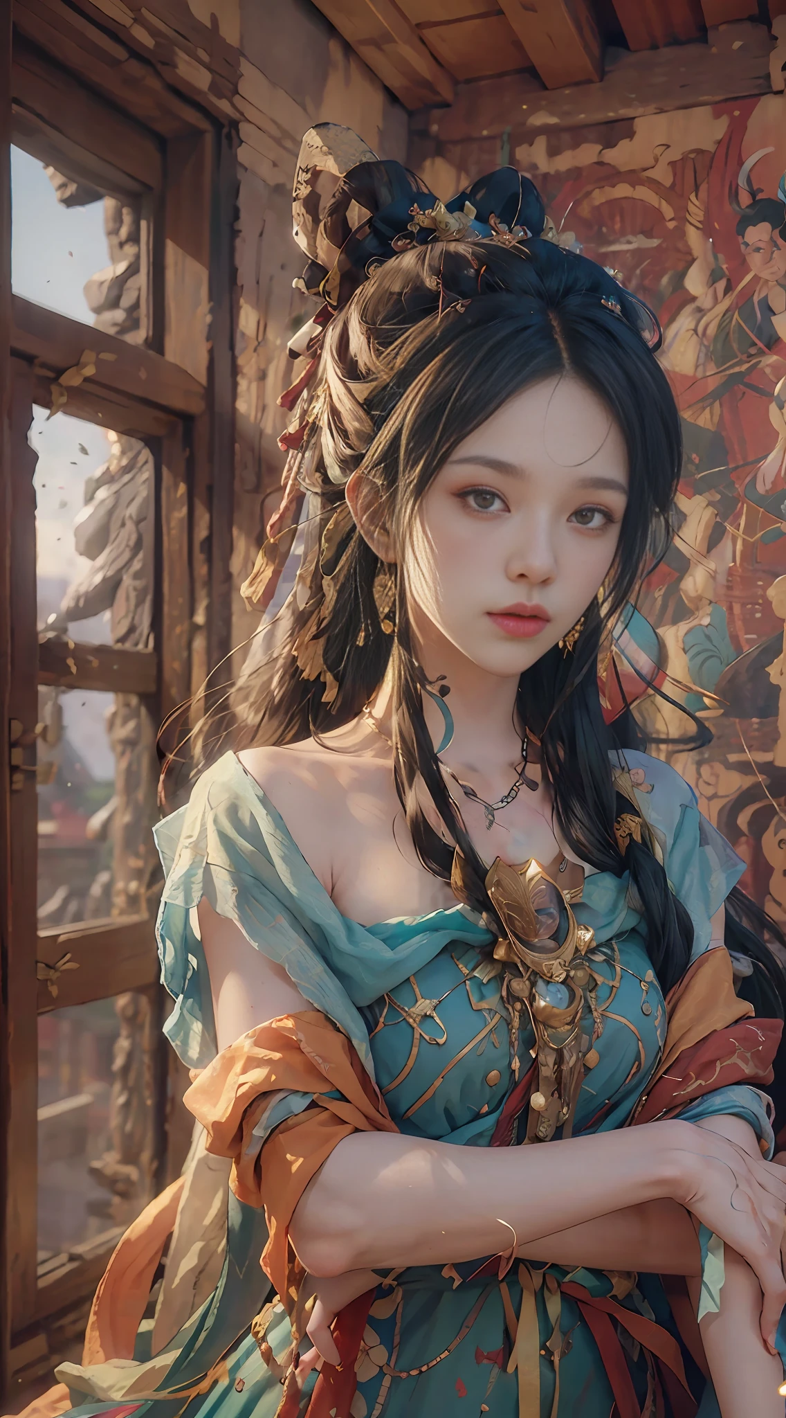 (RAW photo, best quality), (realistic, photo-realistic:1.3),best quality,highly detailed,masterpiece,ultra-detailed,illustration,1girl,upper_body,dynamic angle,world masterpiece theater,messy_long_hair,best quality,extremely detailed CG unity 8k wallpaper,ink,Amazing,cinematic lighting,lens_flare, dunhuang_style