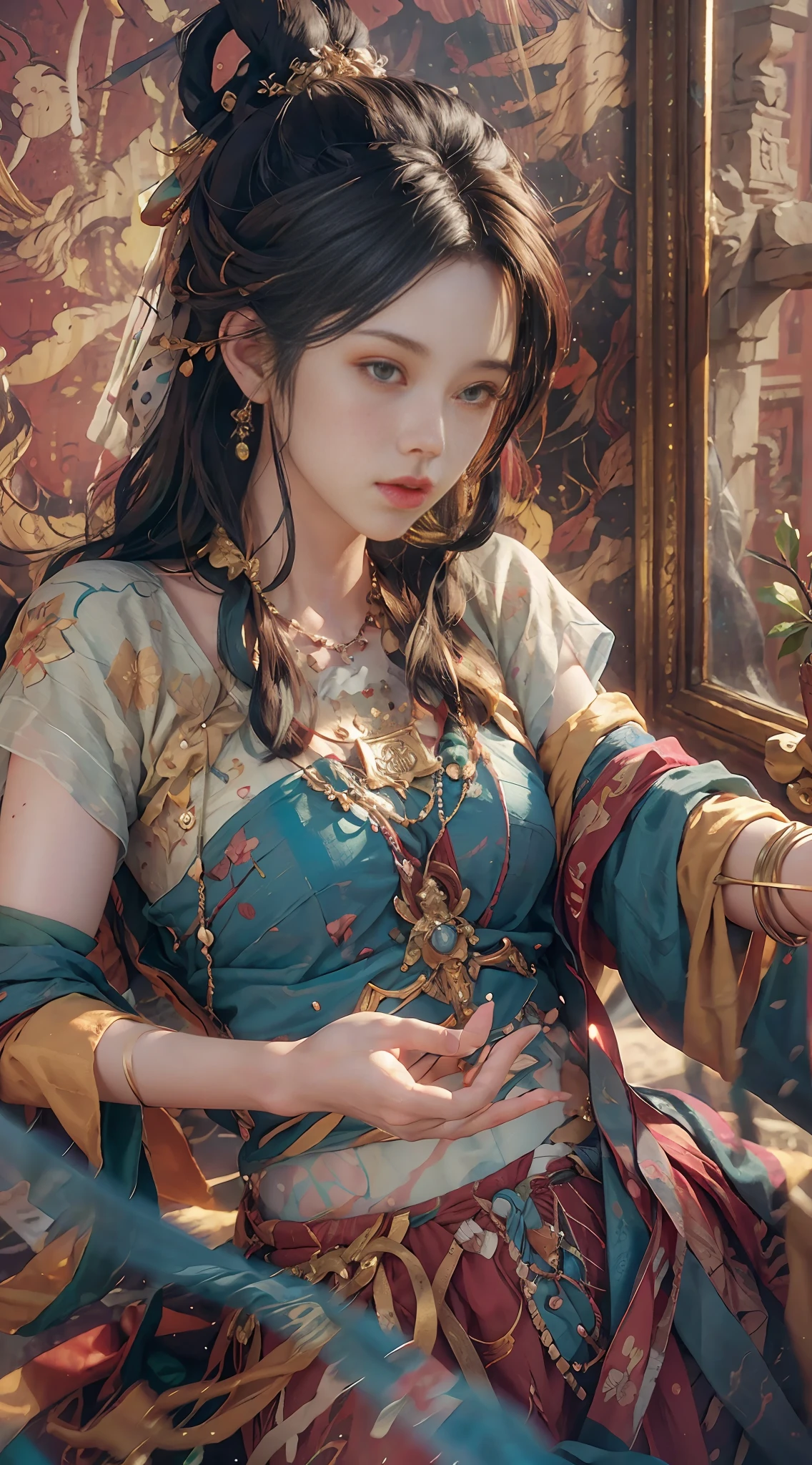 (RAW photo, best quality), (realistic, photo-realistic:1.3),best quality,highly detailed,masterpiece,ultra-detailed,illustration,1girl,upper_body,dynamic angle,world masterpiece theater,messy_long_hair,best quality,extremely detailed CG unity 8k wallpaper,ink,Amazing,cinematic lighting,lens_flare, dunhuang_style