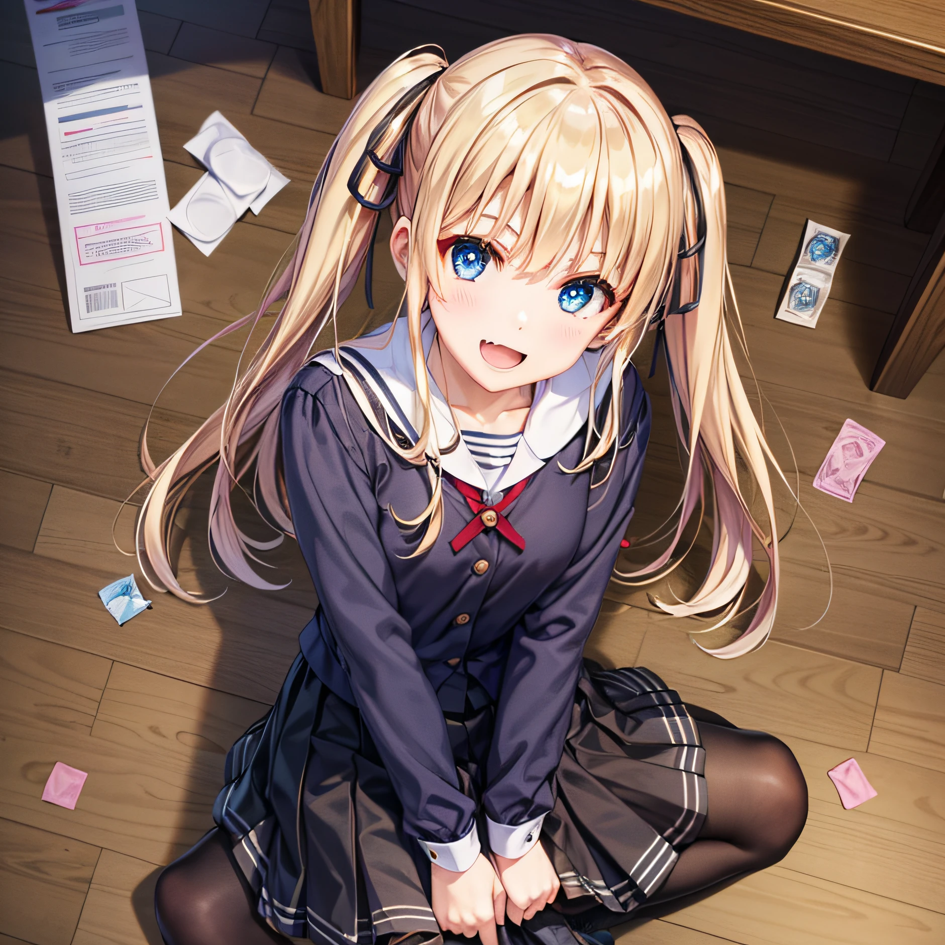 ph_eriri, 1girl, blonde hair, sawamura spencer eriri, blue eyes, twintails, open mouth, fang, smile, condom, from above, :d, black ribbon, hair ribbon, long hair, looking at viewer, condom wrapper, skirt, polka dot, solo, bangs, holding, pantyhose, parody, long sleeves, school uniform
, (masterpiece:1.6, best quality), (finely detailed beautiful eyes: 1.2),