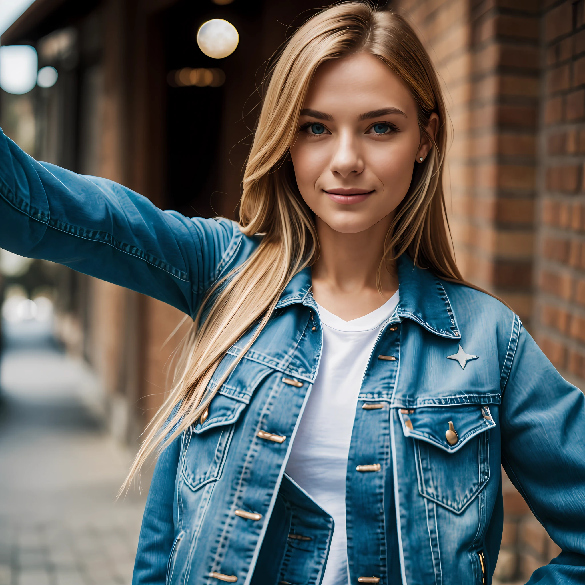 1 woman ((upper body selfie, happy)), masterpiece, best quality, ultra-detailed, solo, Florence, dawn, mountains, nature, (stars, moon) cheerful, happy, , (warm hue, warm tone): 1.2), close-up, cinematic light, side lighting, ultra high resolution, best shadow, RAW, upper body, woman 30 years face with French, British, German features, long blonde hair, turquoise blue eyes, brown leather jacket jeans boot brown leather --auto