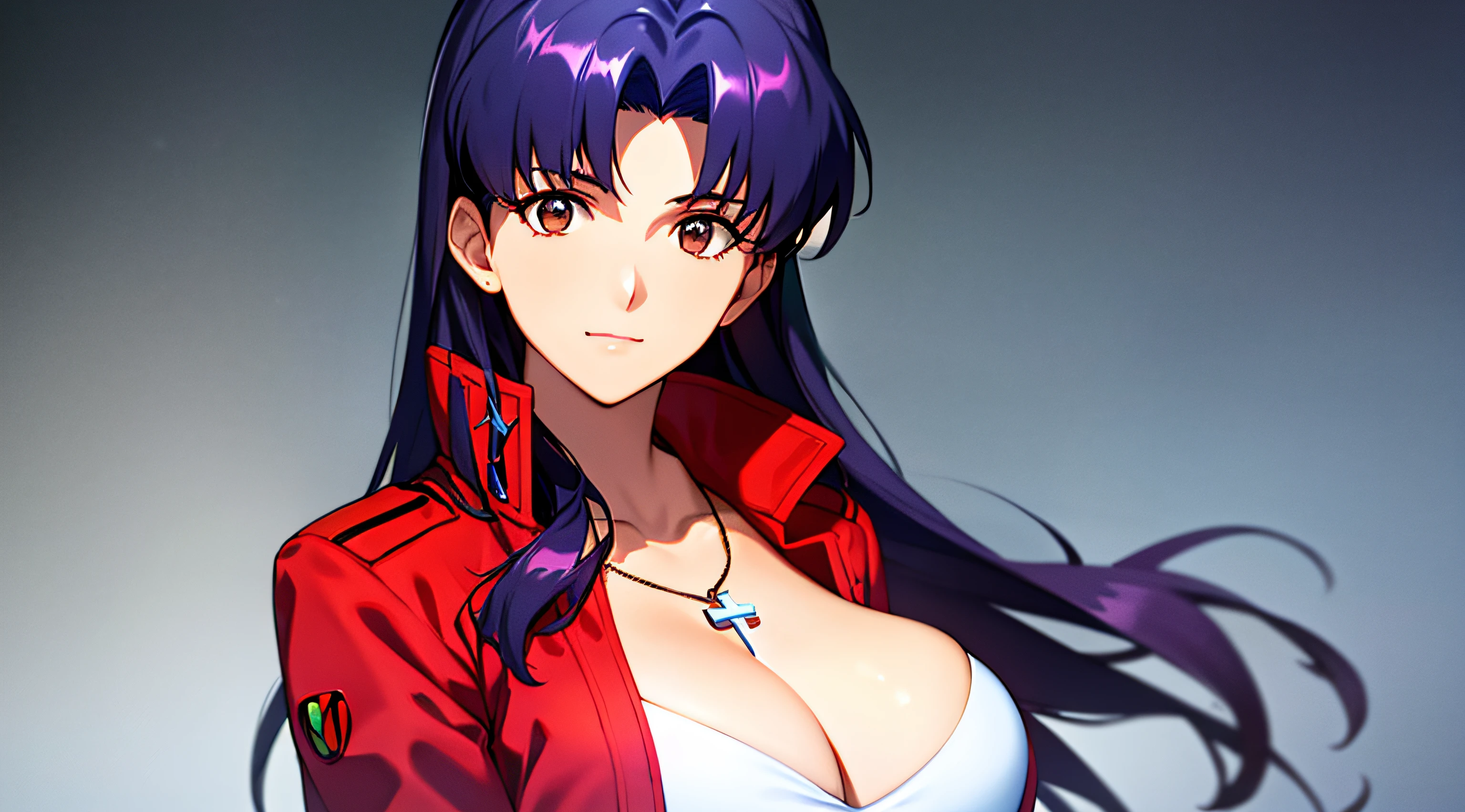 Masterpiece, best quality, very detailed_CG_unity_8k_ wallpaper, very detailed _ eyes, Evangelion: 3.0 you can \ (not \) redo, girl, solo, Misato Katsuragi, brown eyes, indigo hair, big breasts, cross necklace, red jacket, mature woman, older, upper body,