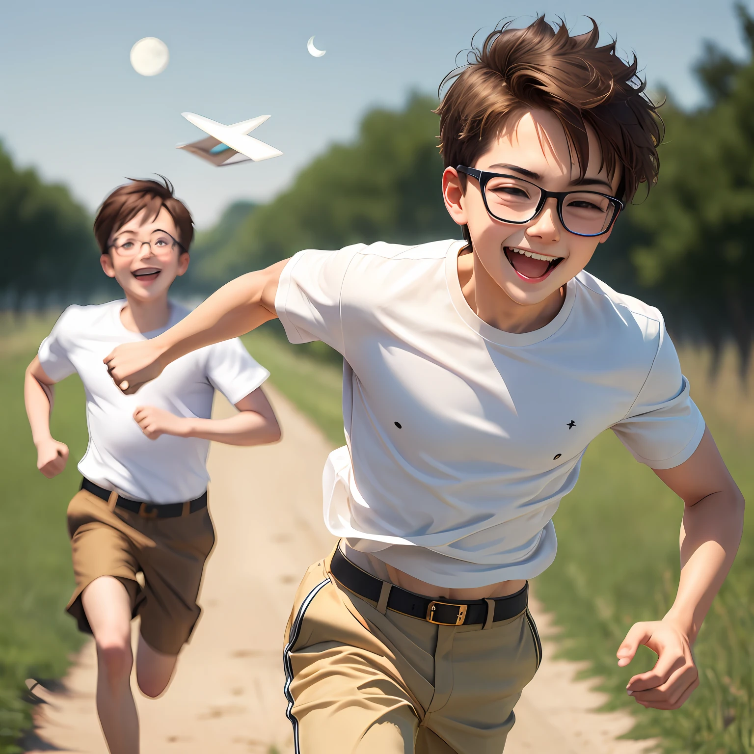White rimmed glasses, short brown hair, boy, running, prairie, laughter, white shirt, beige pants, paper airplane, moon