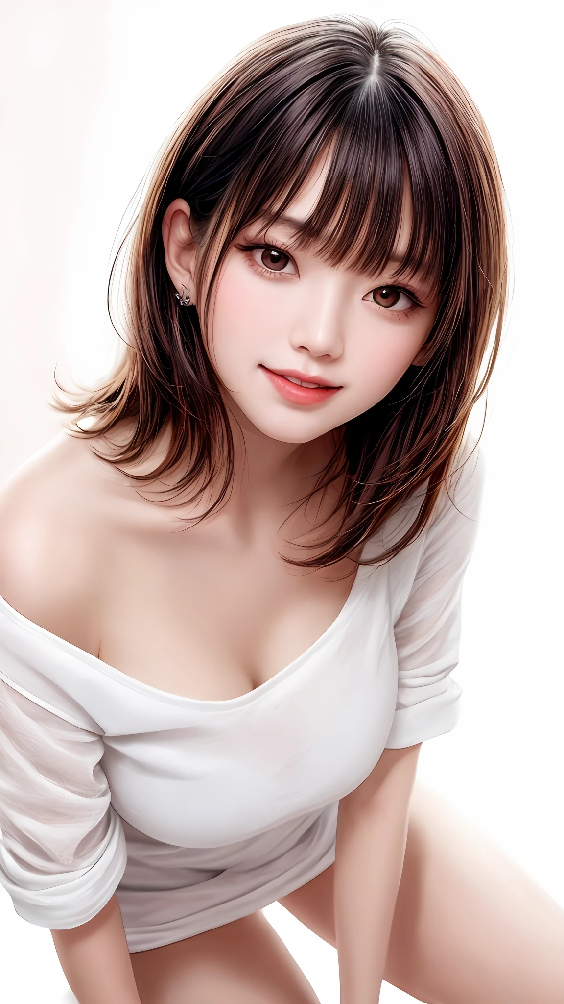 Pee (incontinence: 1.47), fashion trendy beautiful and attractive woman, gentle and attractive Chinese beautiful woman, Korean (kpop idol), delicate and sexy collarbone, attractive oval face, double eyelids, smart [peach] flower eyes, pink lips, small nose, bare shoulders, focus on face, [[face close-up], ultra high definition, super detail, White off-shoulder lace shirt, (((white lace panties), fresh and impressive, natural (large: 1.25), (kneel on the ground), (legs wide open), (legs spread), (from a low angle), (upright 1.5), (shiny skin: 1.4), (low angle)), perfect figure, areola, cleavage, armpit wrinkles, (floor urine)), (NSFW: 1.05), ( Showpiece, top quality, high precision)), one girl, (big, photorealistic: 1.4), (slightly above the camera, looking up at the camera, looking up, looking up at the camera, staring at the camera))), solo, solo, white background, snow-white background, mouth closed, happy smile, pretty black hair, short hair, big eyes, pronounced double eyelids, eyelashes, ears out, long neck, long neck, Absolute area, ((close-up of face, short hair with bangs)), 19 years old, attractive proportions, shiny skin, clean collarbone, golden ratio face, perfect face, teardrop mole, chest mole, bangs, clean bangs, beautiful bangs, lip gloss, thin lips, white skin, undressed, big breasts, small face, staring at the camera a little upwards, ((smiling a little at the camera, really nothing pure white background, very big, big big, big breasts)), ((((uniform, shirt))))