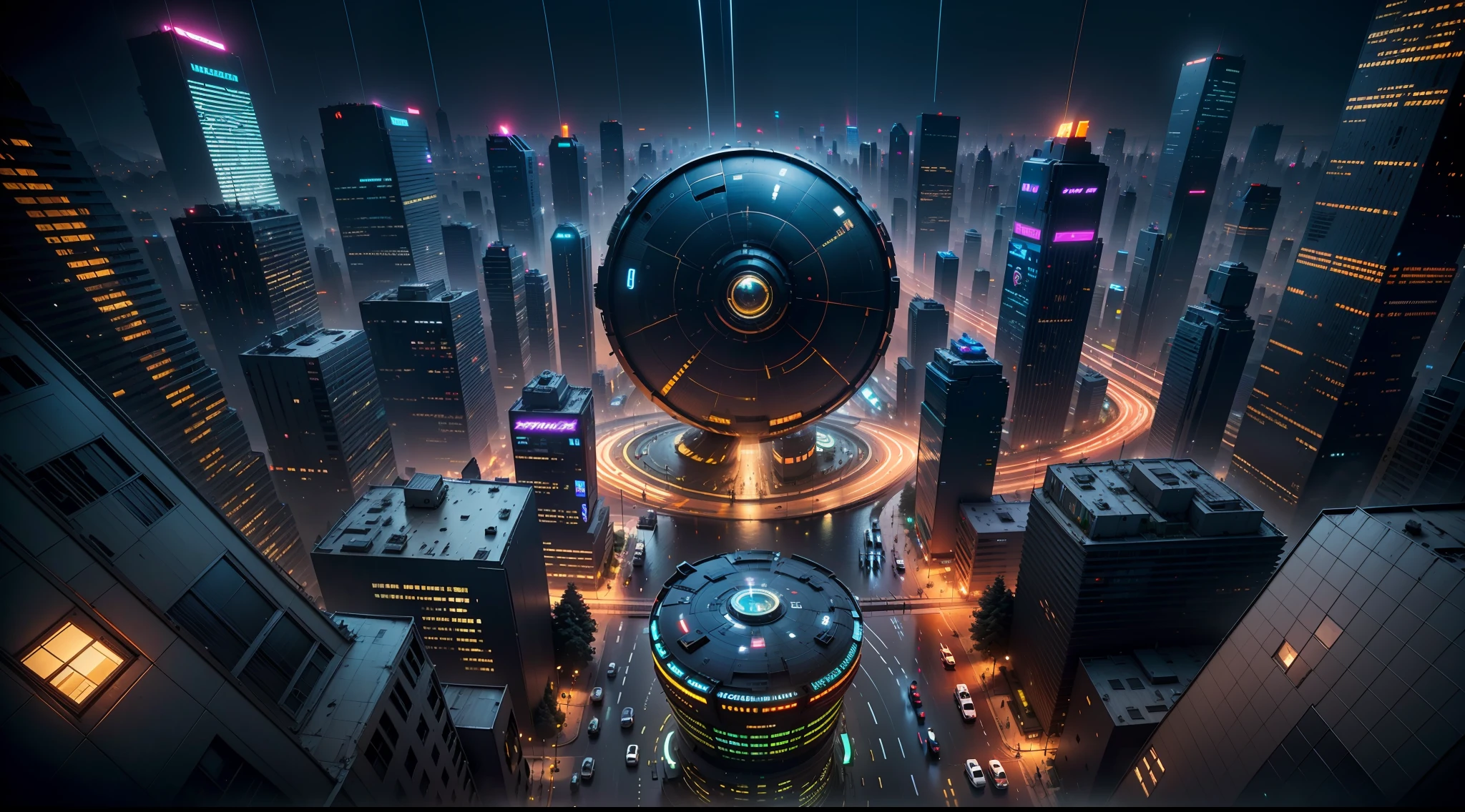 Looking down from the top of the mountain, cyberpunk, 3d effect, huge and decadent circular city, intersections, overpasses, road with height drop, night, ((a lot of hovering aircraft)), pedestrians, rain, reflection, high quality, (16k resolution), (super fine), (master work)), hyperrealism, cinematic lighting, dynamic lines