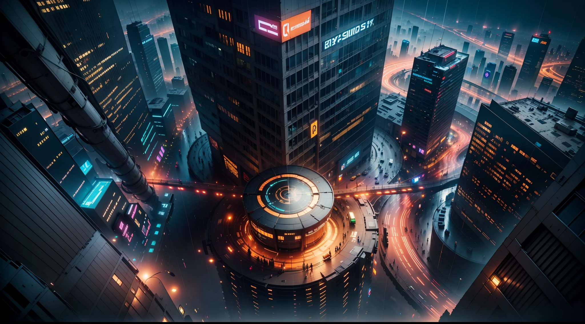 Looking down from the top of the mountain, cyberpunk, 3D effects, huge and decadent circular city, intersection, night, lots of hovering aircraft, pedestrians, rain, reflections, high quality, 16k resolution, super fine, master works, hyperrealism, cinematic lighting, dynamic lines