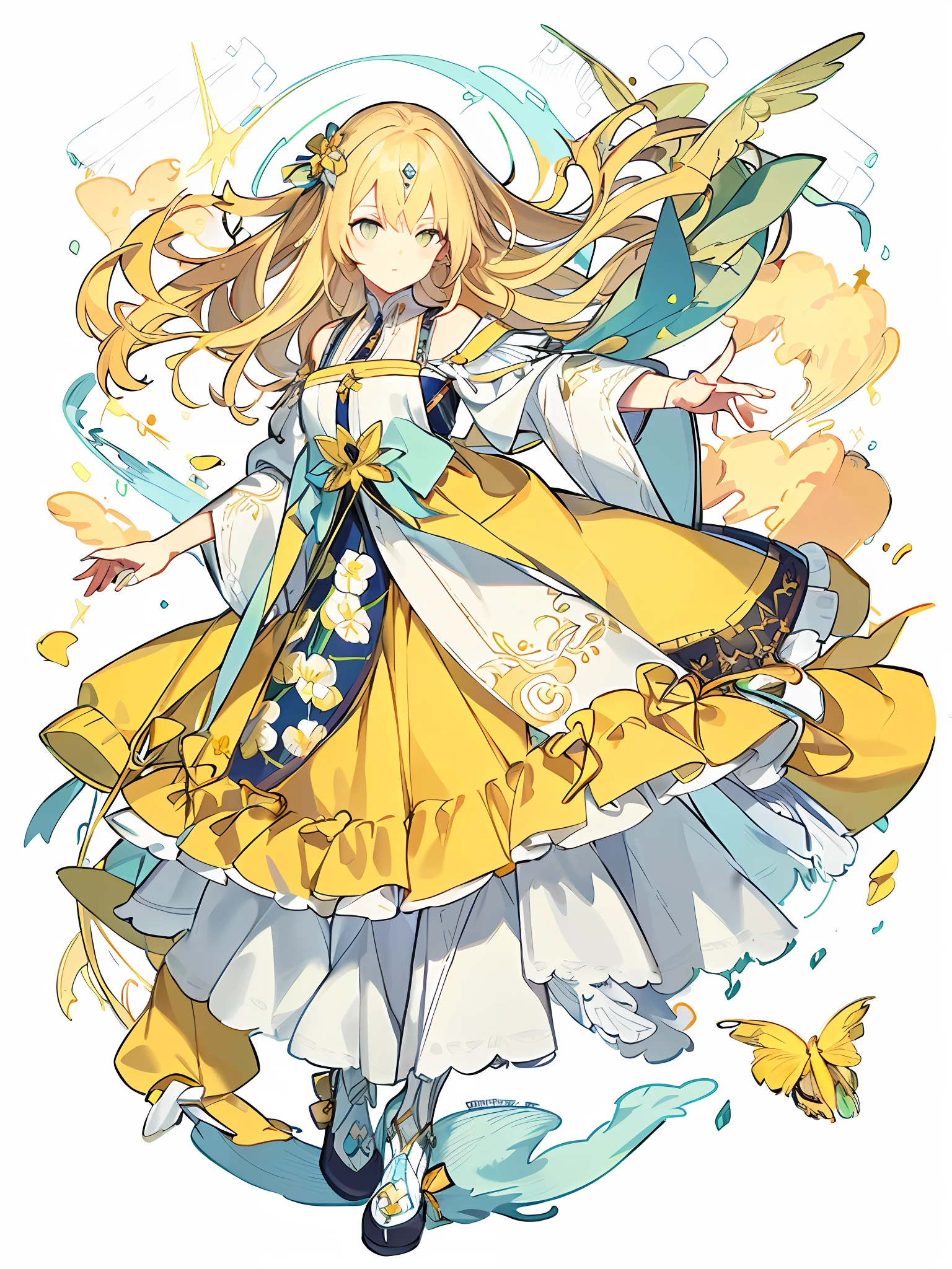 (((Masterpiece))), ((Best Quality))), ((Ultra Detailed)), (Illustration), (Next Delicate and Beautiful)), Dynamic Angle, Floating, (Beautiful Detail Eyes), (Detailed Light) (1 Girl), Solo, floating_hair, Glow Eyes, Yellow, Yellow Hair Maiden