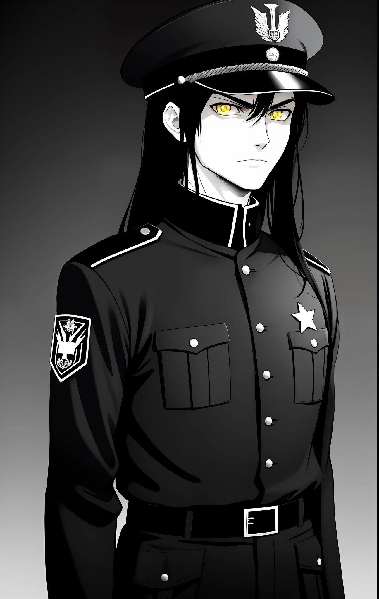 Young long black hair, black Schutzstaffel uniforms, man, with bangs, evil look, black and white image, with a hat, yellow eyes, black and white