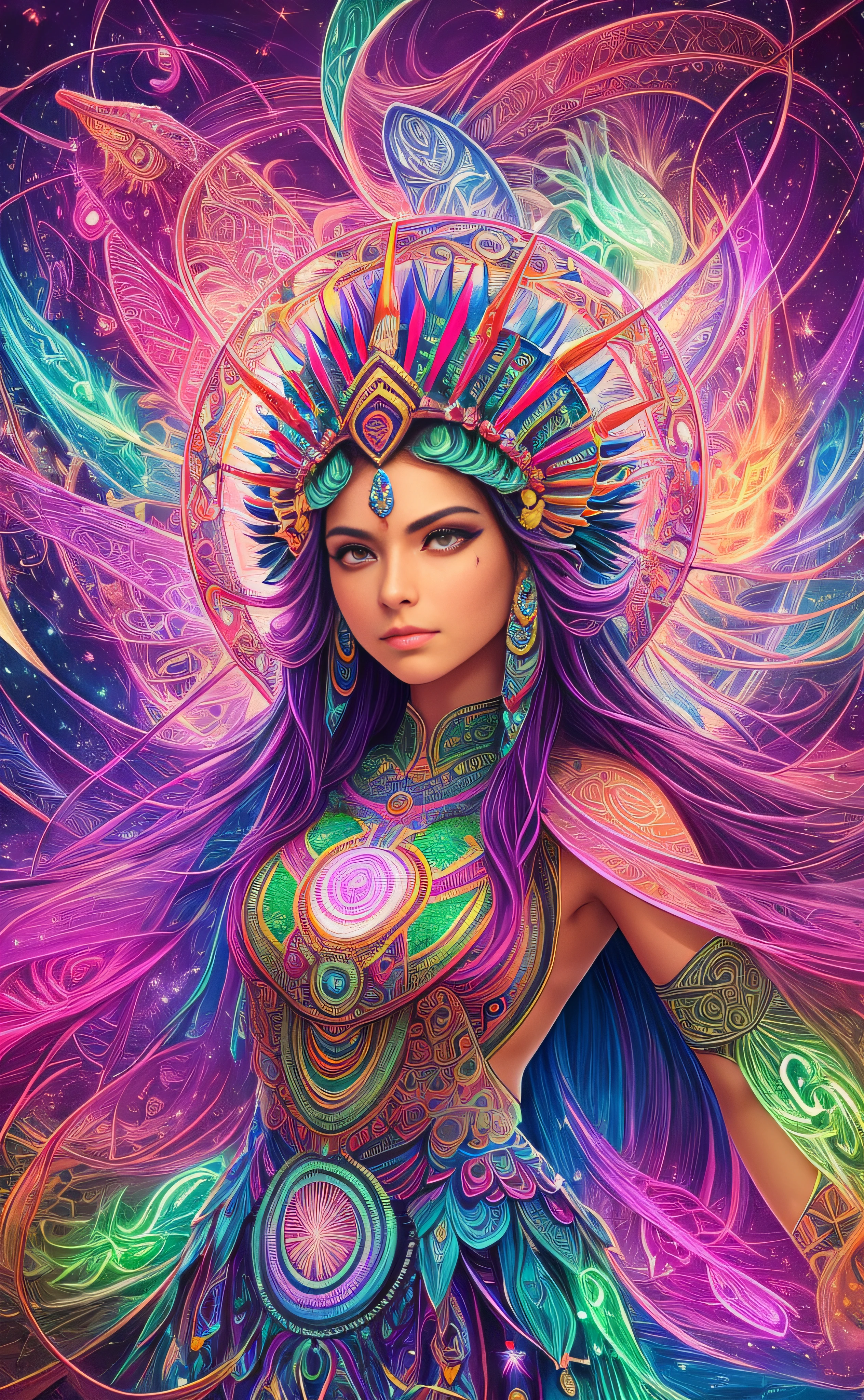 ((best quality)), ((masterpiece)), ((realistic)),((alex grey)) ,((Pablo Amaringo)), celestial, deity, goddess, light particles, hyper-detail,Quetzalcoatl ,native american style , godess,woman,man ,fractal art,flying in the sky ,halo, looking from above, (bioluminescent:0.95) flame, bioluminescence, phoenix, Vibrant, Colorful, Color, (Glow, Glow), (Beautiful Composition), Cinematic Lights, Intricate, (Symmetry: 0.5), Whimsical, Alien Planet , hyper-detail,Quetzalcoatl ,mayan ritual , godess,woman,man ,purple mushroom dress ,fractal art,flying in the sky