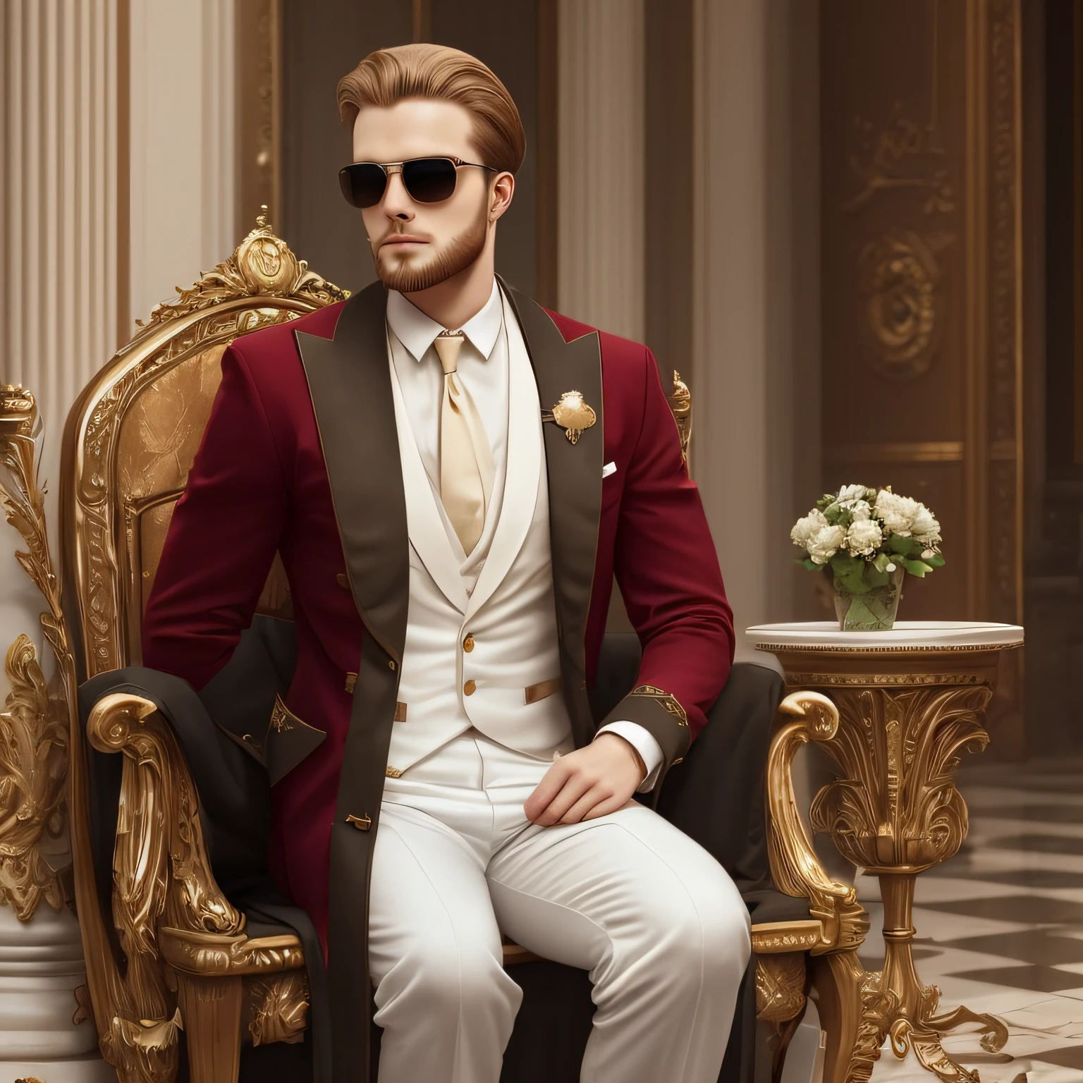 A man, white 22 years old, blond with a thin beard, wearing an elegant vintage outfit and sunglasses, sitting on the throne, realistic