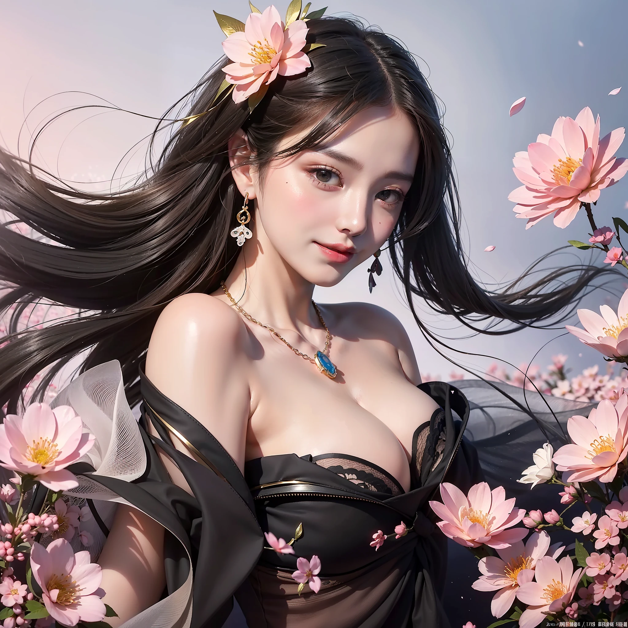 Best quality, masterpiece, super high resolution full of picture, single, flying, Tang Huazhang, Dunhuang flying, floating in the air With strong Chinese national characteristics, they are heavenly beings who fly the sky of Buddha Country, playing piano and dancing, spraying incense and scattering flowers, bringing happiness, pink color matching, long hair, black hair, black pink bow, black and red color matching clothing, complex background, side, smile, flowing clothes, Chinese element totem behind, perfect makeup, beautiful, generous, love eyes, 8k picture quality, cyberpunk, technology combined with national essence, Character backlight, edge light, movement changes, hairstyle flowing, loose hairstyle, gold and silver headdress, sense of falling, number of fingers refinement, 7 doppelganger drawing, face close-up, fairy fluttering, flowing luminous earrings, flowing glowing necklace, wearing a bracelet, the most beautiful girl in man, delicate close-up of the face, cherry blossoms, cherry blossoms