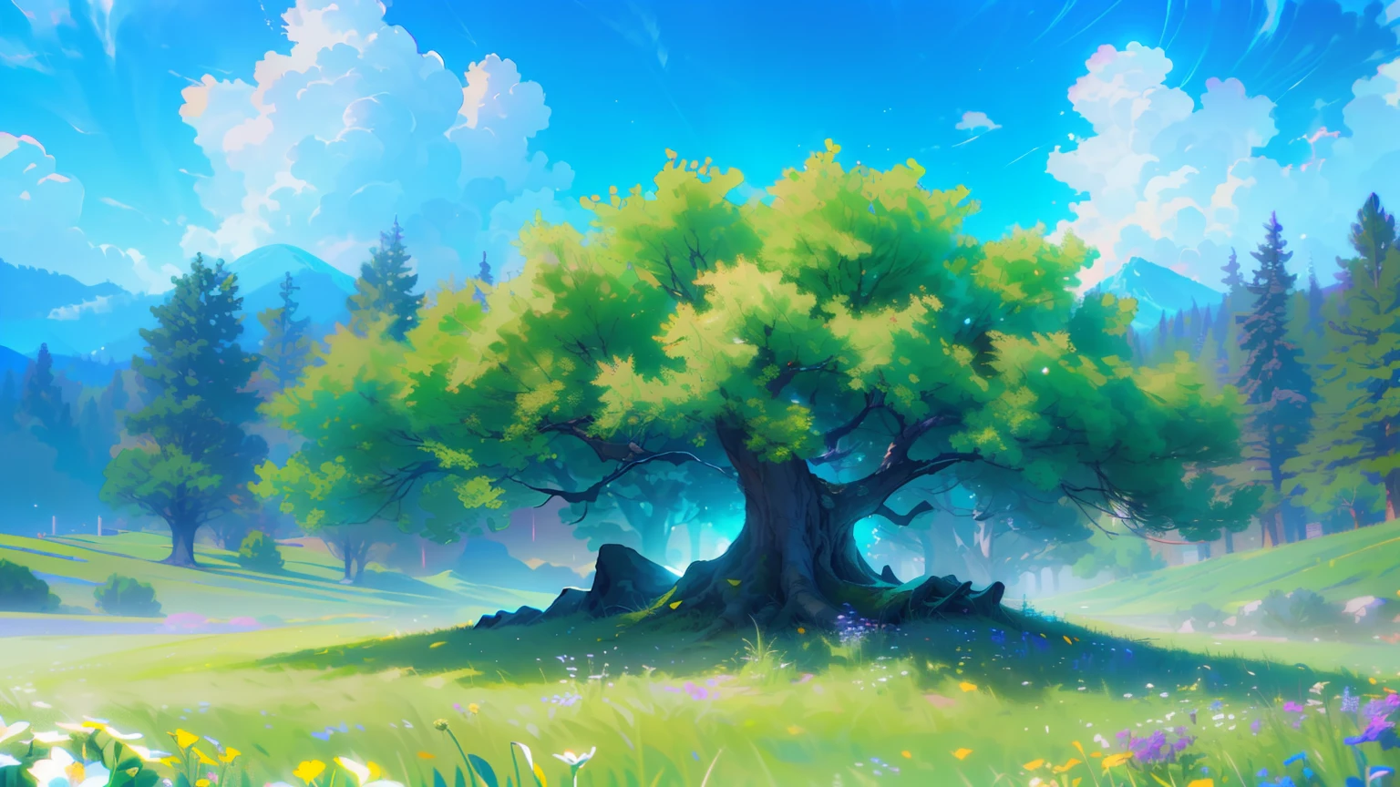 T Bokeh, Depth of Field, HDR, Bloom, Chromatic Aberration, and Intricat (illustration: 1.0), epic composition, realistic lighting, HD details, masterpiece, best quality, (very detailed CG unified 8k wallpaper), sky, clouds, grass, trees, one giant tree