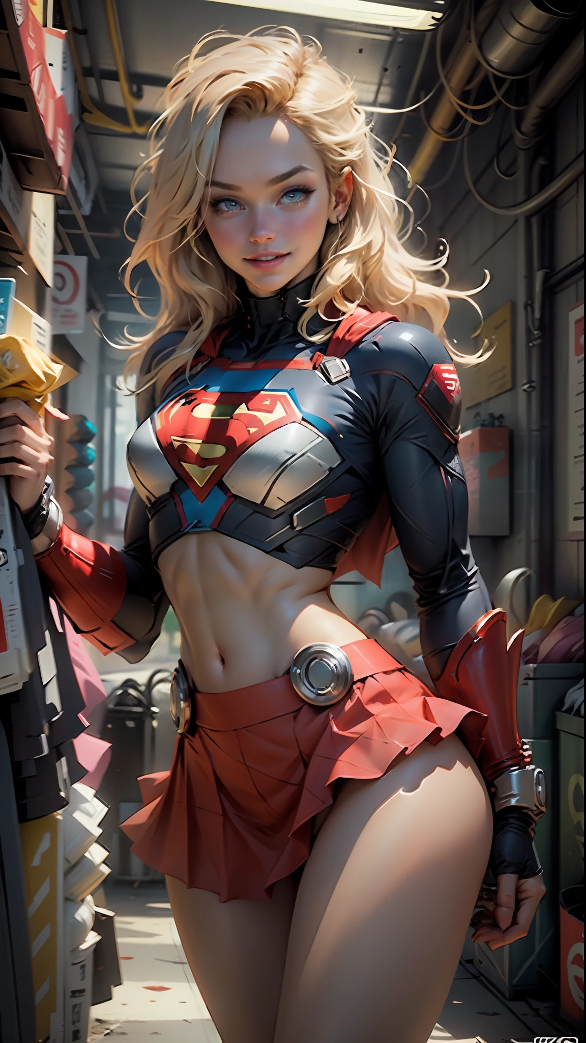 Supergirl body set thick thighs cybernetic body parts, short skirt, blonde with blue eyes, superman S symbol on chest, detailed face, gorgeous, gorgeous smile exposed abdomen