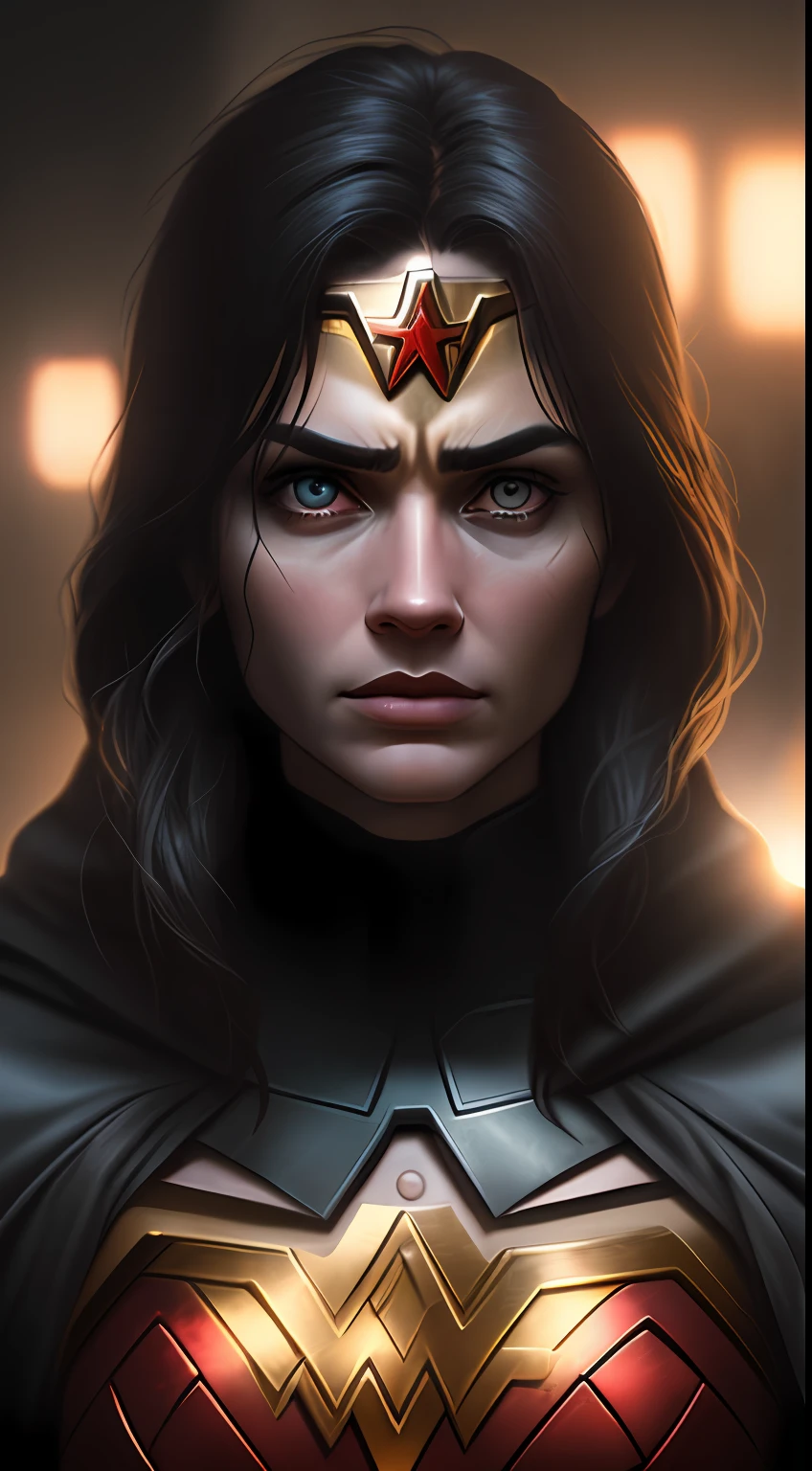 (dark shot: 1.1), epic realistic, Wonder Woman in the dark with glowing eyes and glowing cape, soft cinematic light, Adobe Lightroom, darkroom, HDR, intricate, highly detailed, (depth of field: 1.4), hyper-detail (artstation: 1.4), cinematic, warm light, dramatic light (complex details: 1.1)