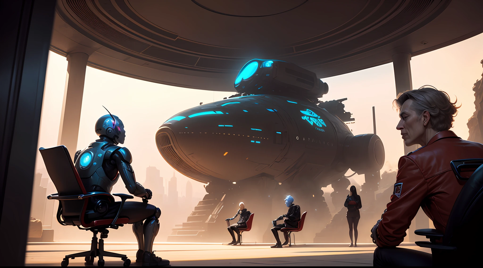 There are four robots sitting on a chair with two spaceships in the background, sci-fi illustrations, sci-fi illustrations, 8 0 style Tomasz Alen Kopera, Android Jones and Rhads, sci-fi digital art illustration, science fiction illustration, science fiction illustration, dali retro science - fi art, detailed science fiction art Photo RAW, a portrait photo of Picasso in casual clothing, natural skin, 8k UHD, high quality, film grain, Fujifilm XT3 --auto