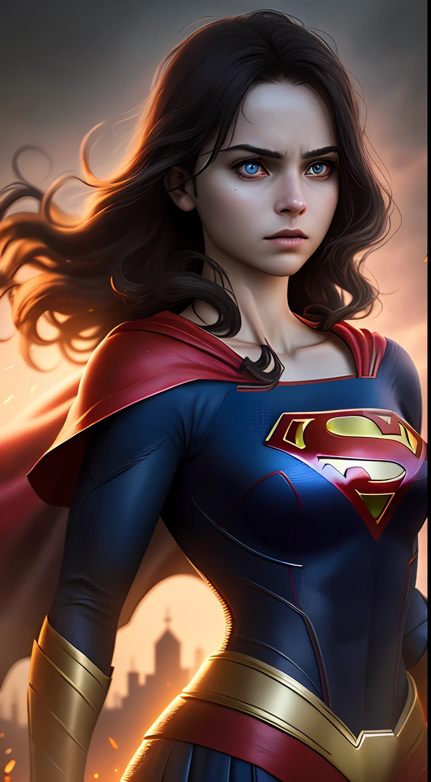 (dark shot: 1.1), epic realistic, Supergirl in the dark with glowing eyes and glowing cape, soft cinematic light, Adobe Lightroom, darkroom, HDR, intricate, highly detailed, (depth of field: 1.4), hyper-detail (artstation: 1.4), cinematic, warm light, dramatic light (complex details: 1.1)