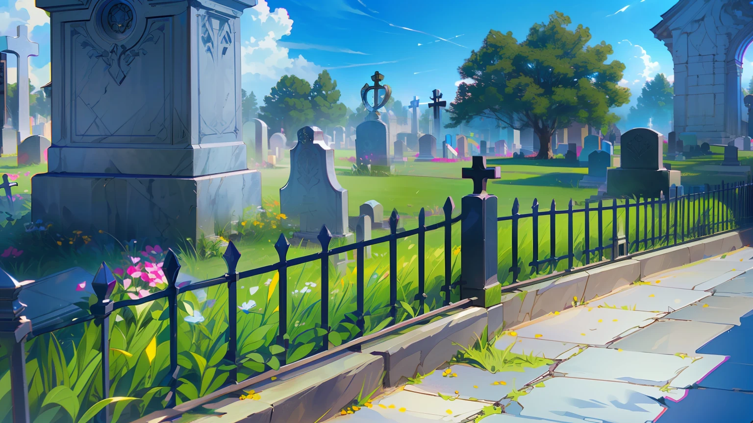 T Bokeh, Depth of Field, HDR, Bloom, Chromatic Aberration, and Intricat (illustration: 1.0), epic composition, realistic lighting, HD details, masterpiece, best quality, (very detailed CG unified 8k wallpaper), medieval european city, cementry, black metal fence, draves, graveyard, sunny day