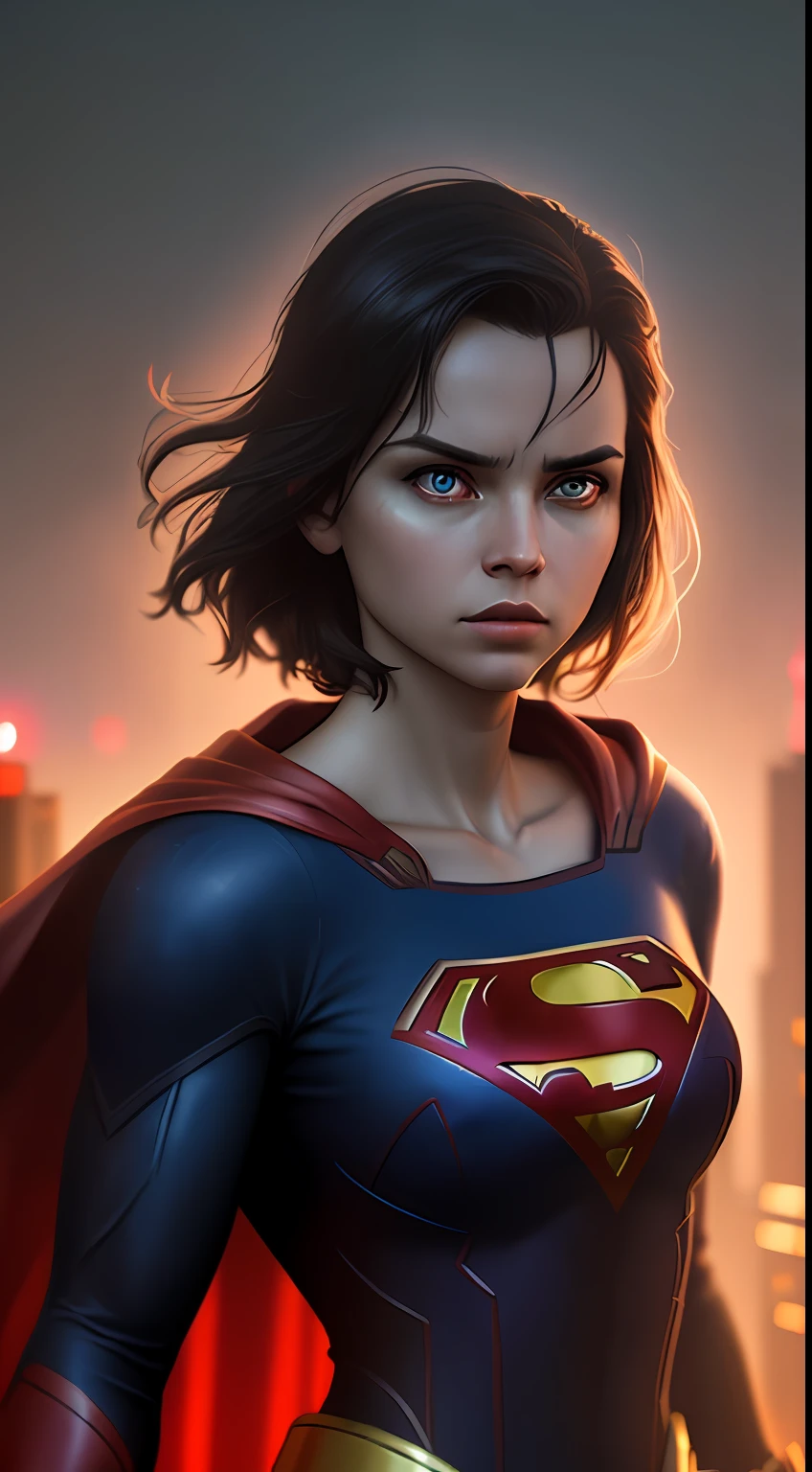 (dark shot: 1.1), epic realistic, Supergirl in the dark with glowing eyes and glowing cape, soft cinematic light, Adobe Lightroom, darkroom, HDR, intricate, highly detailed, (depth of field: 1.4), hyper-detail (artstation: 1.4), cinematic, warm light, dramatic light (complex details: 1.1)