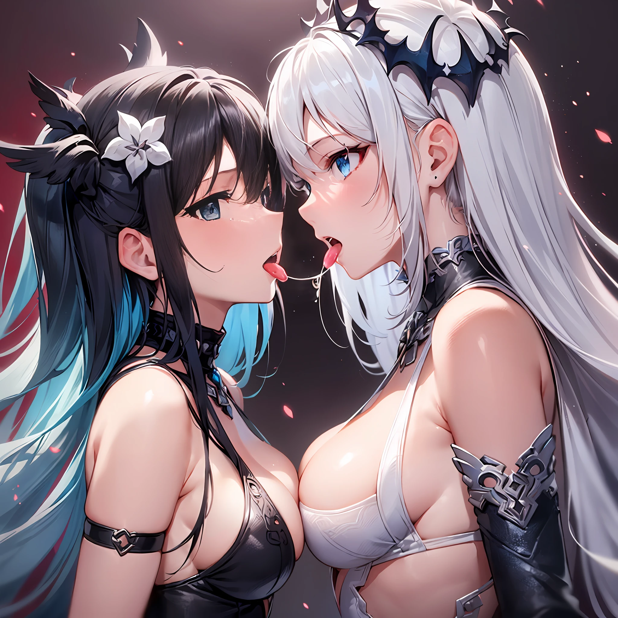 2girls, angel and devil, facing another, mouth to mouth feeding, (white hair, red eyes:1.2), (black hair, blue eyes:1.2), glint, gradient eyes, panorama, upper body, cropped torso upper body, saliva trail, extremely detailed cg unity 8k wallpaper