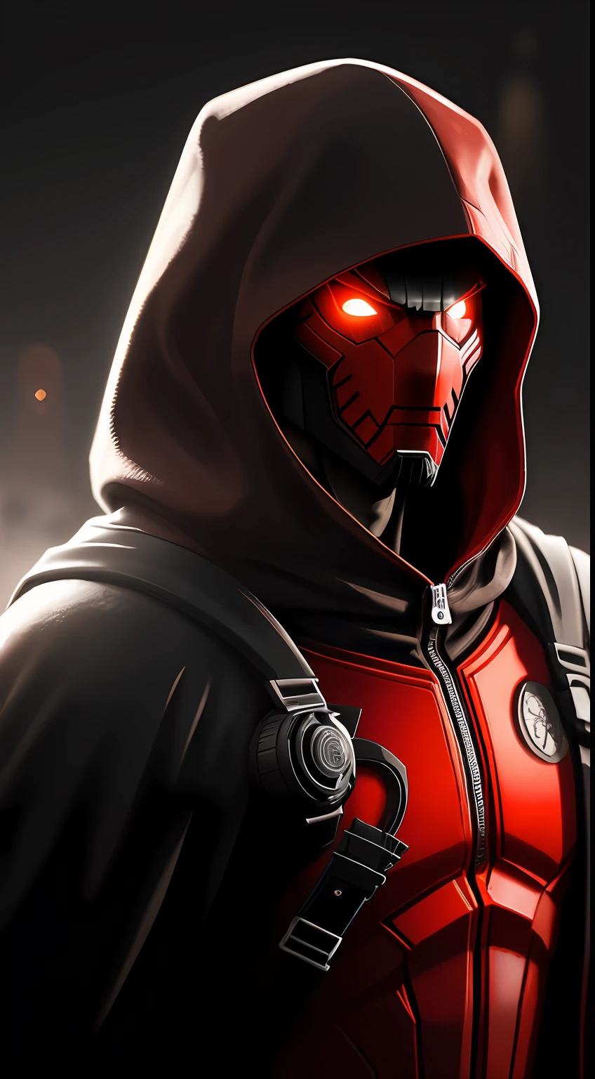 (dark shot: 1.1), epic realistic, Red Hood in the dark with glowing eyes and glowing cape, soft cinematic light, Adobe Lightroom, darkroom, HDR, intricate, highly detailed, (depth of field: 1.4), hyper-detail (artstation: 1.4), cinematic, warm light, dramatic light (complex details: 1.1)