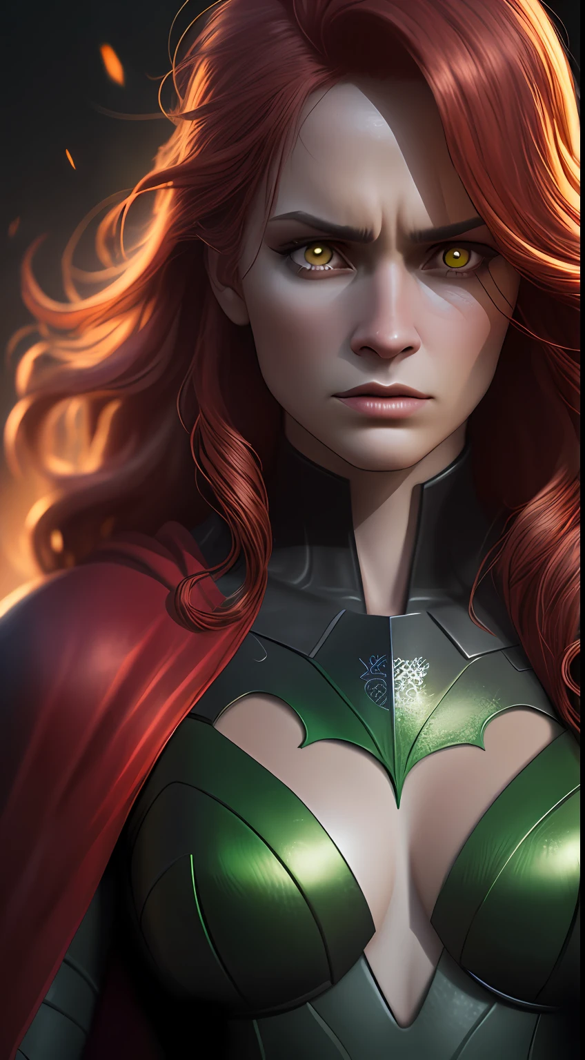 (dark shot: 1.1), epic realistic, Poison Ivy in the dark with glowing eyes and glowing cape, soft cinematic light, Adobe Lightroom, darkroom, HDR, intricate, highly detailed, (depth of field: 1.4), hyper-detail (artstation: 1.4), cinematic, warm light, dramatic light (complex details: 1.1)