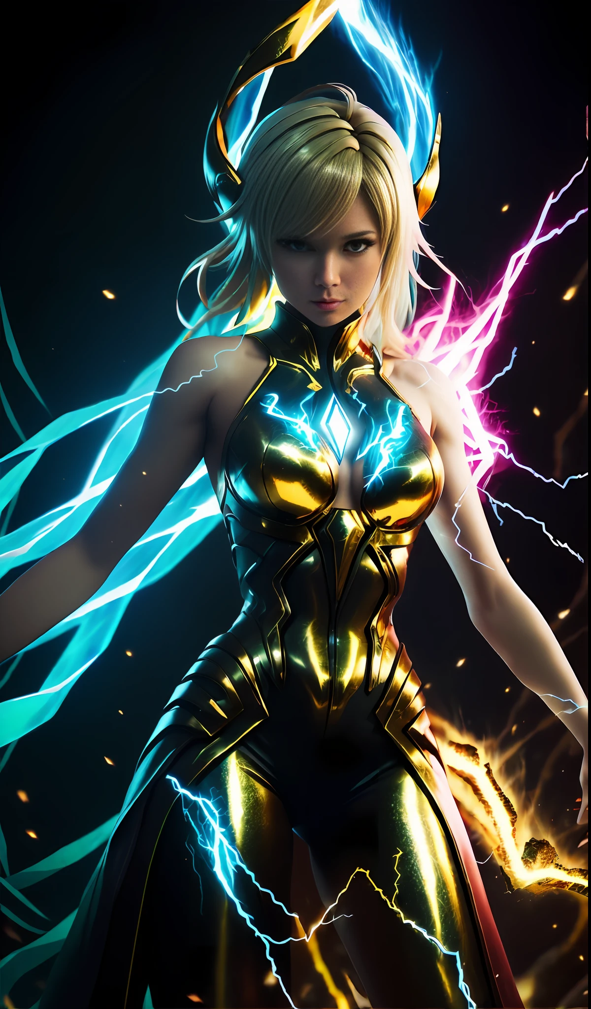 digital analysis, anime style, woman, elemental mage engulfed in blue flames and yellow lightning, color chaos, gold and ice tones, depth of field, beautiful, highly detailed, surreal, cinematic lighting, clear, spatial background, cinematic lighting soft, (backlight: 1.2), (blossom: 1.2), (brightness: 1.1), (chromatic aberration: 1.2), sharp focus, high contrast , masterpiece, realistic, dynamic pose.