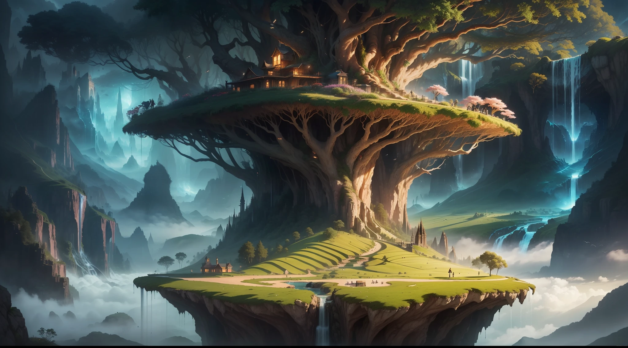 ((masterpiece)), (((best quality))), ((ultra-detailed)), (Amazing:1.1), A back view of a high school girl walking, (((keep the human anatomy))), ((A beautiful high school girl lost in a surreal world of dreamlike landscapes)), searching for a way back home, A straight road in the grassland that goes on forever, A floating island in the sky, A waterfall flows from the floating island, huge ruin, (17 yr old), person from behind, flowers, wind flow, (((wearing school uniform))), black eyes, black hair, white socks, 8 life size, detailed hairstyles, realistic,(((fantasy))), A fertile land full of water and forests, frontier, surrealism, (magnificent space), ultra wide view, deep forest, night sky, star light, concept art, raw, detailed background, complex background, wallpaper, poster, sharp focus, hyperrealism, insanely detailed, lush detail, filigree, intricate, crystalline, perfectionism, max detail, 4k uhd,