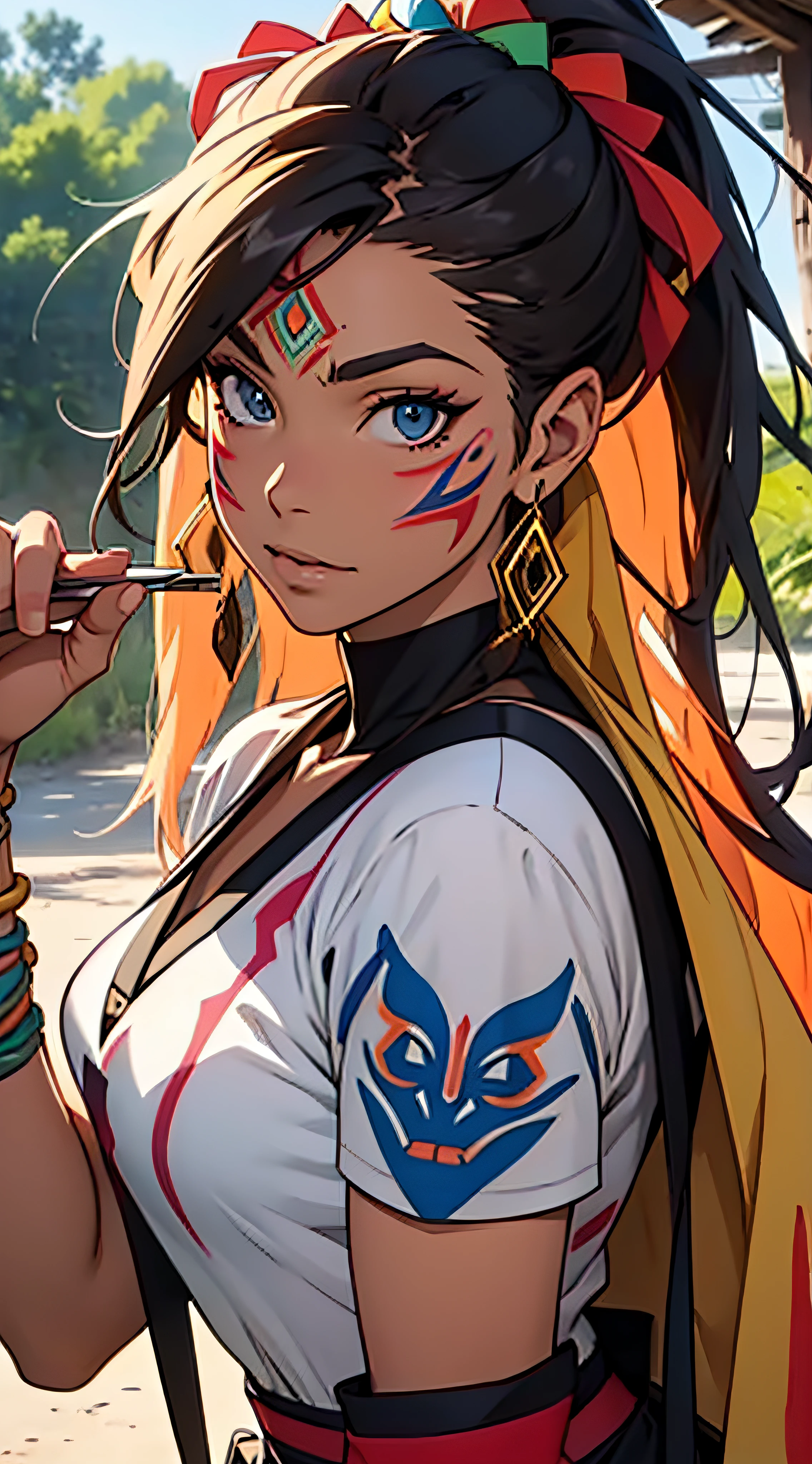 anime style, amazonian indigenous warrior wholesome woman, face painted with tribal desings --auto