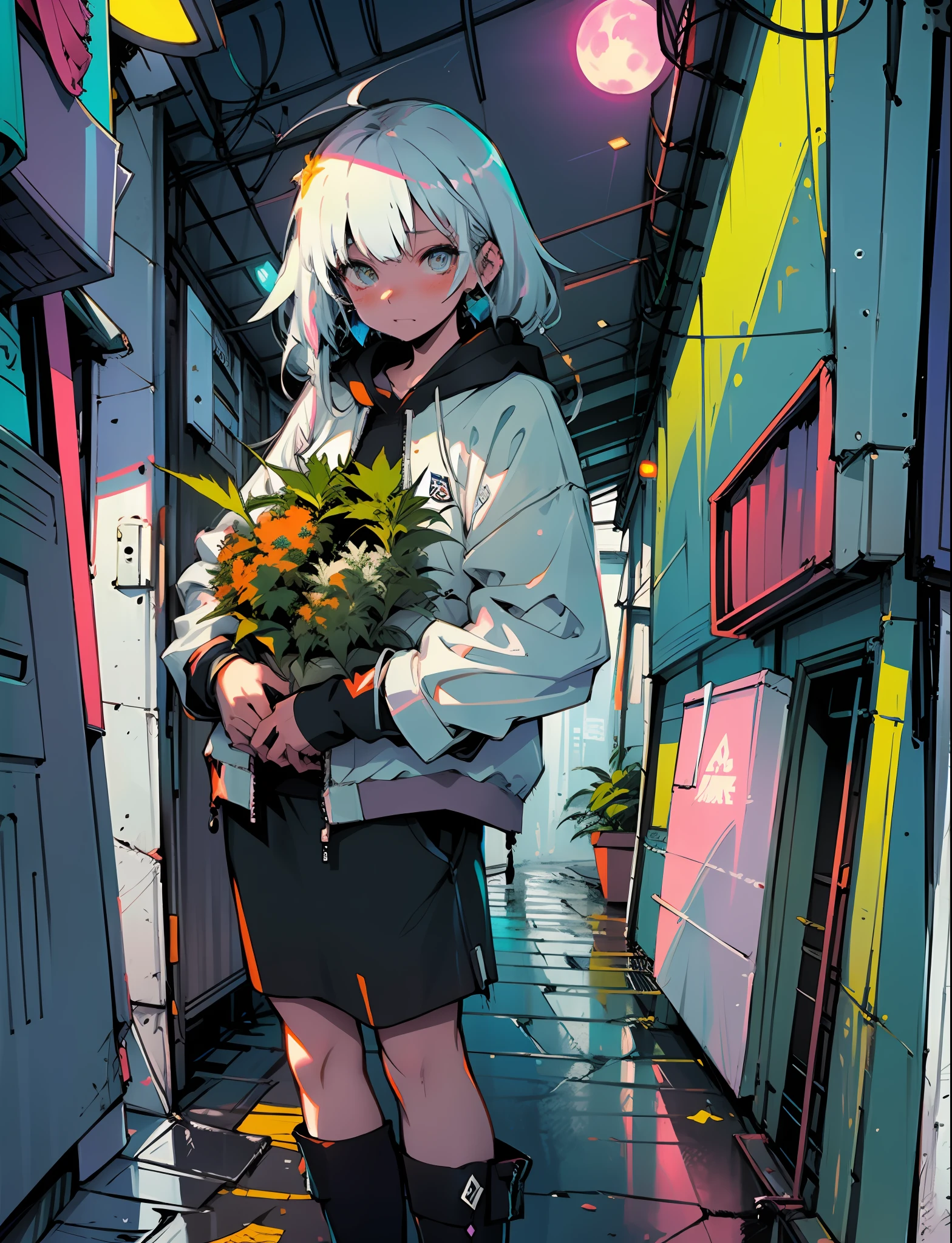 Masterpiece, up close, car on a wet road, neon lights, neon galaxies, huge crystal moon, starry sky, happy, peaceful, in love, hemp, crystals, leaf, marijuana, cannabis, ((illustration)), colorful, wallpaper, energy, secret, snkret, mountains, lake, night city, flower shop, neon stars