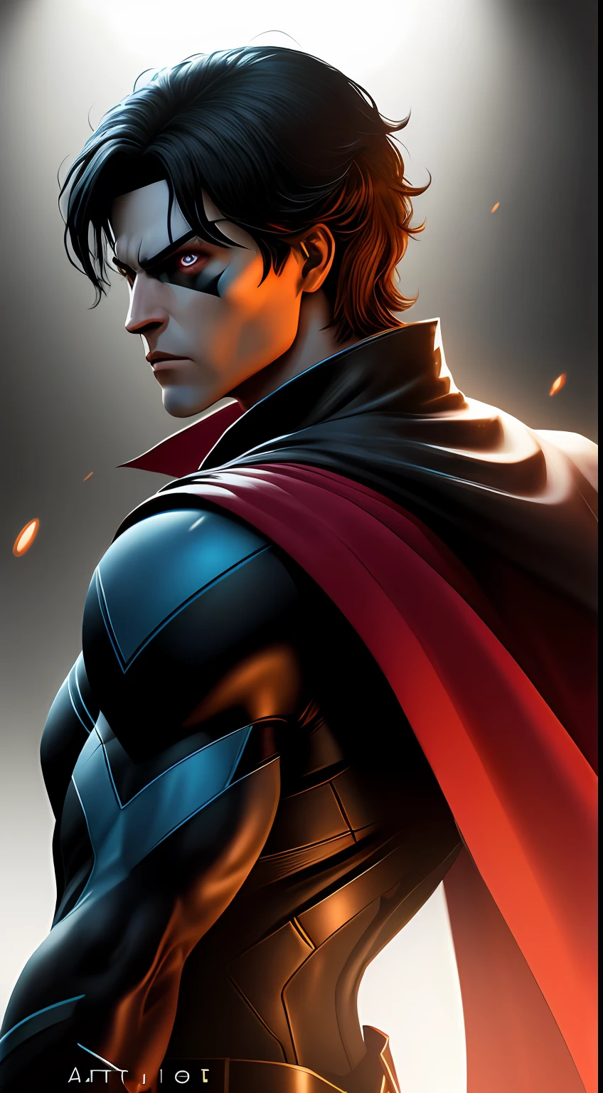 (dark shot: 1.1), epic realistic, Nightwing in the dark with glowing eyes and glowing cape, soft cinematic light, Adobe Lightroom, darkroom, HDR, intricate, highly detailed, (depth of field: 1.4), hyper-detail (artstation: 1.4), cinematic, warm light, dramatic light (complex details: 1.1)