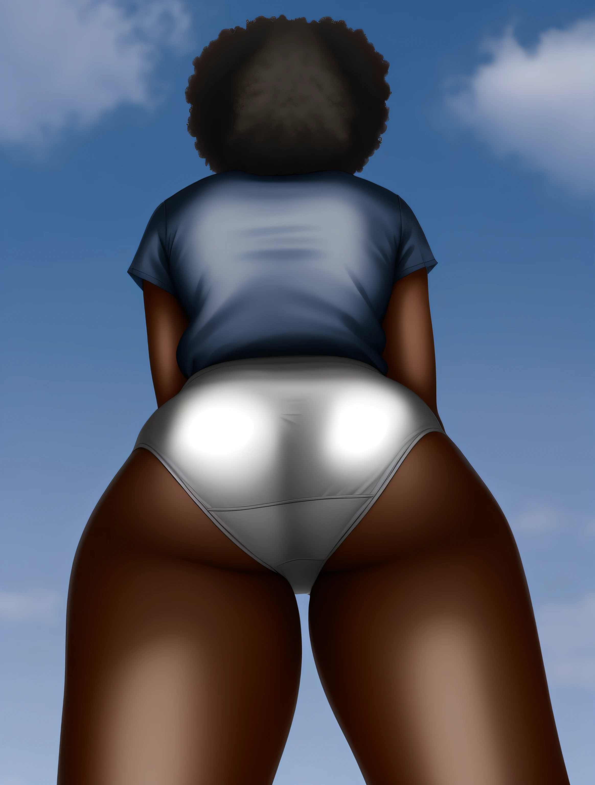 Curvy Black woman with Afro, in blue shirt and white full coverage cotton panties, shot from below, back shot, skyline background, photo realistic, intricate details