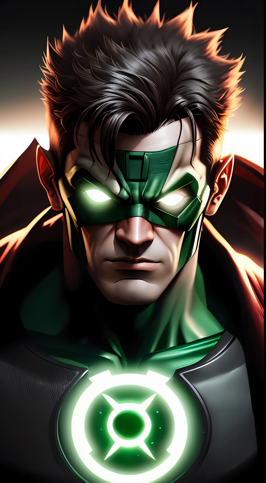 (dark shot: 1.1), epic realistic, Green Lantern in the dark with glowing eyes and glowing cape, soft cinematic light, Adobe Lightroom, darkroom, HDR, intricate, highly detailed, (depth of field: 1.4), hyper-detail (artstation: 1.4), cinematic, warm light, dramatic light (complex details: 1.1)