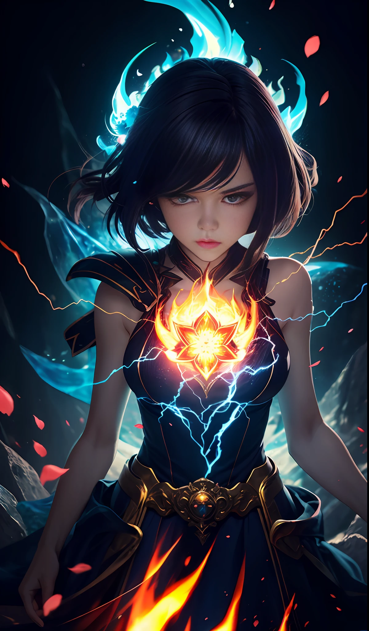 digital analysis, anime style, woman, elemental mage engulfed in blue flames and yellow lightning, color chaos, gold and ice tones, depth of field, beautiful, highly detailed, surreal, cinematic lighting, clear, spatial background, cinematic lighting soft, (backlight: 1.2), (blossom: 1.2), (brightness: 1.1), (chromatic aberration: 1.2), sharp focus, high contrast , masterpiece, realistic, dynamic pose.
