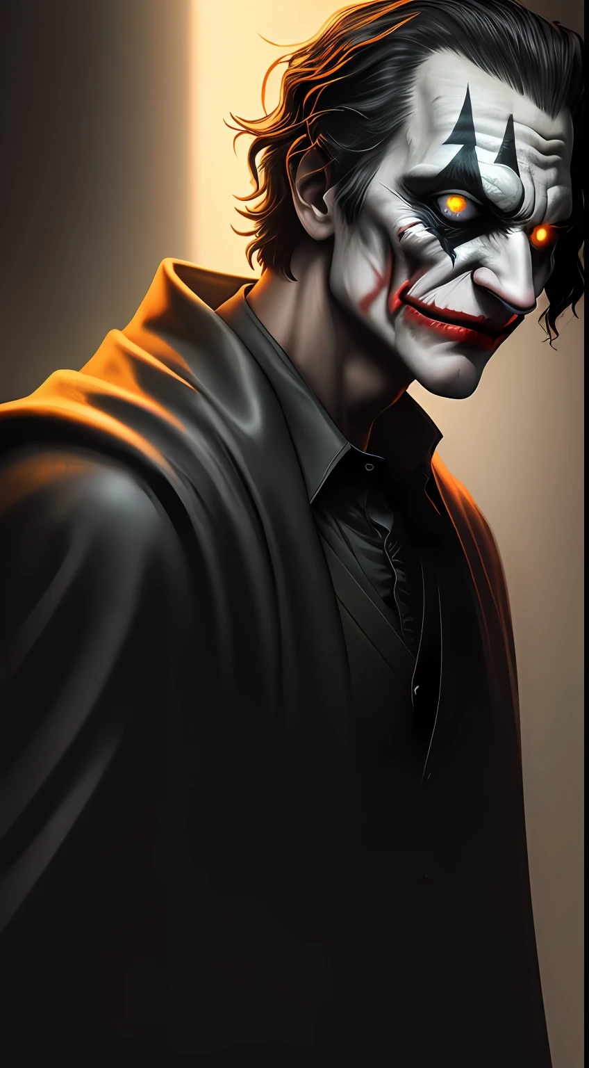 (dark shot: 1.1), epic realistic, Joker in the dark with glowing eyes and glowing cape, soft cinematic light, Adobe Lightroom, darkroom, HDR, intricate, highly detailed, (depth of field: 1.4), hyper-detail (artstation: 1.4), cinematic, warm light, dramatic light (complex details: 1.1)